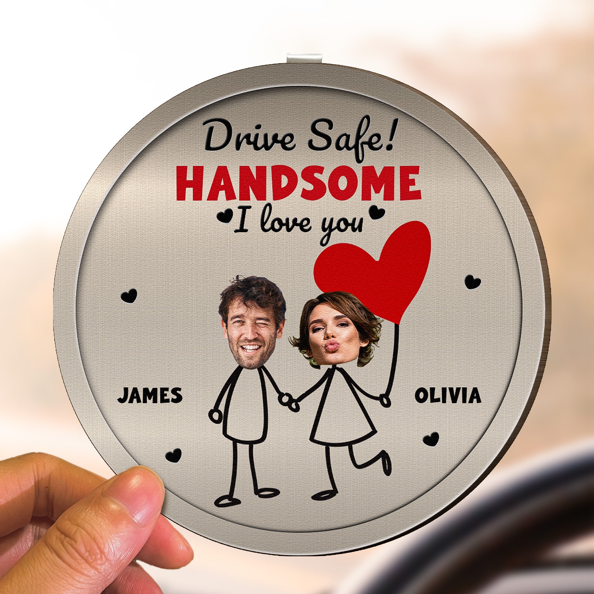 Drive Safe Handsome I Love You Funny Couple Gift - Personalized Wooden Photo Car Visor Clip - Image 4