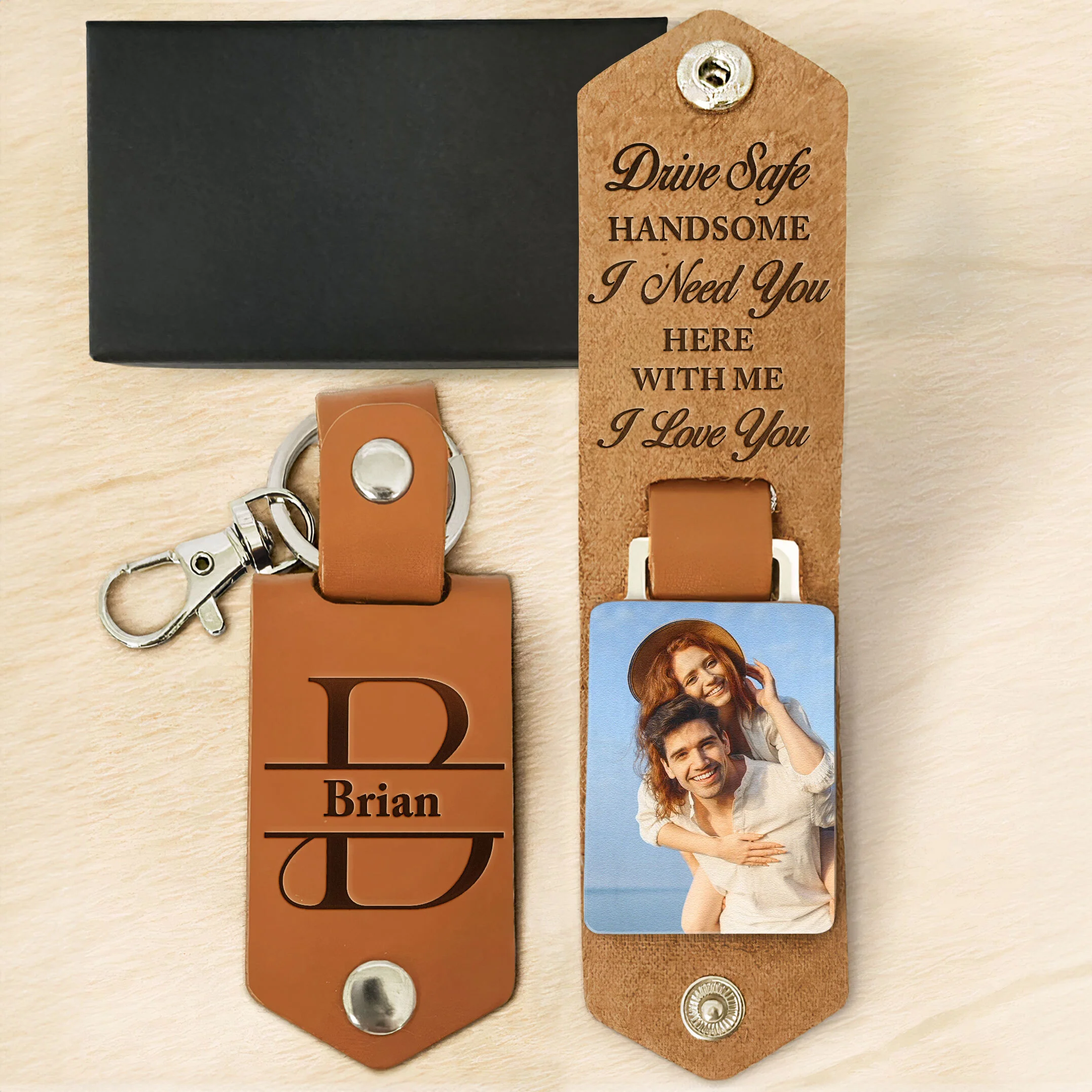 Drive Safe Handsome I Love You - Personalized Leather Photo Keychain - Image 4