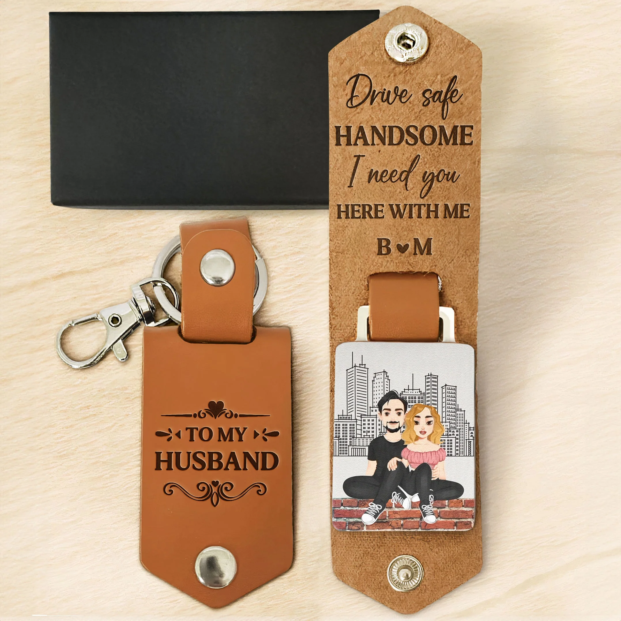 Drive Safe Handsome I Need You - Personalized Leather Keychain - Image 3