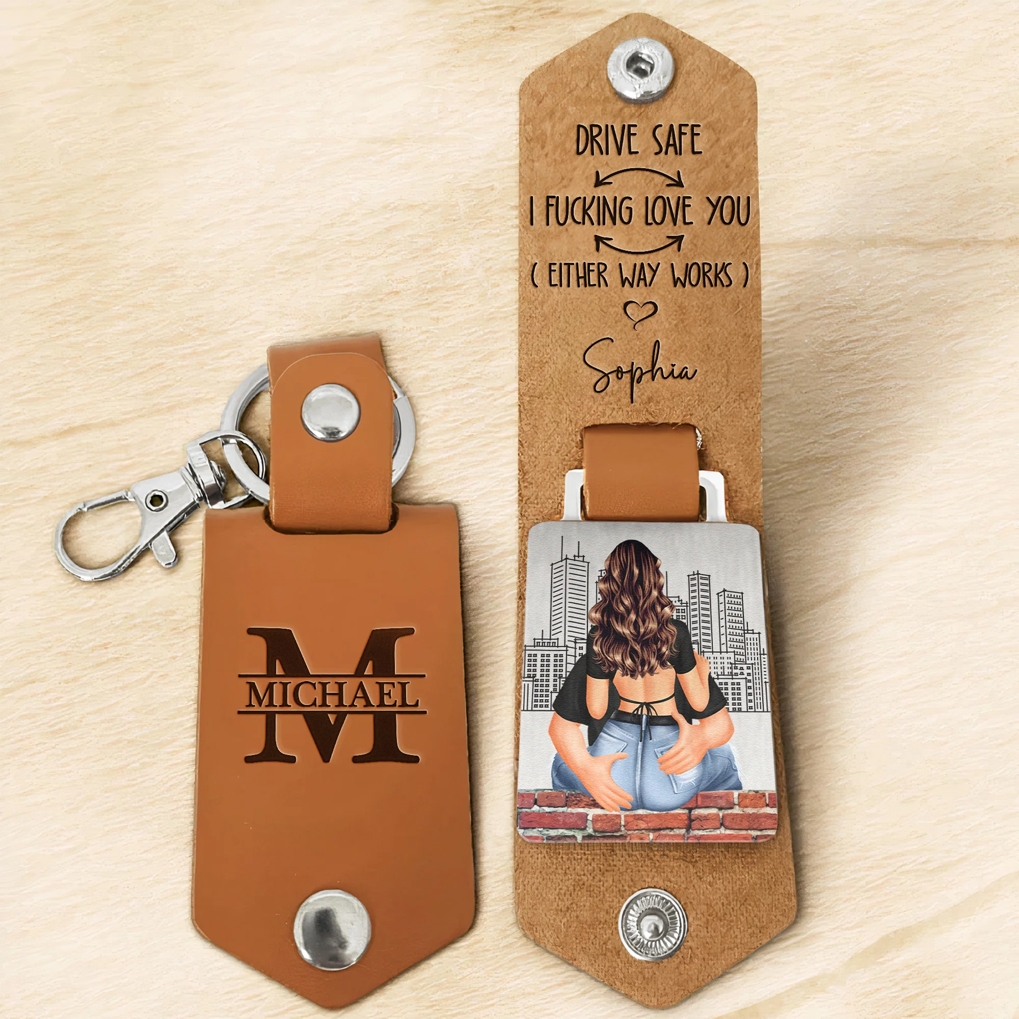 Drive Safe I F*cking Love You (Either Way Workds) - Personalized Leather Keychain - Image 4