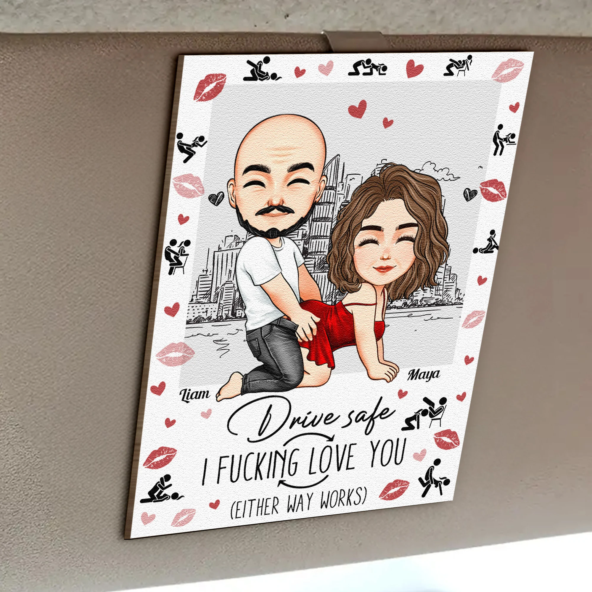 Drive Safe I F*cking Love You (Either Way Works) Naughty Couple - Personalized Wooden Car Visor Clip - Image 3