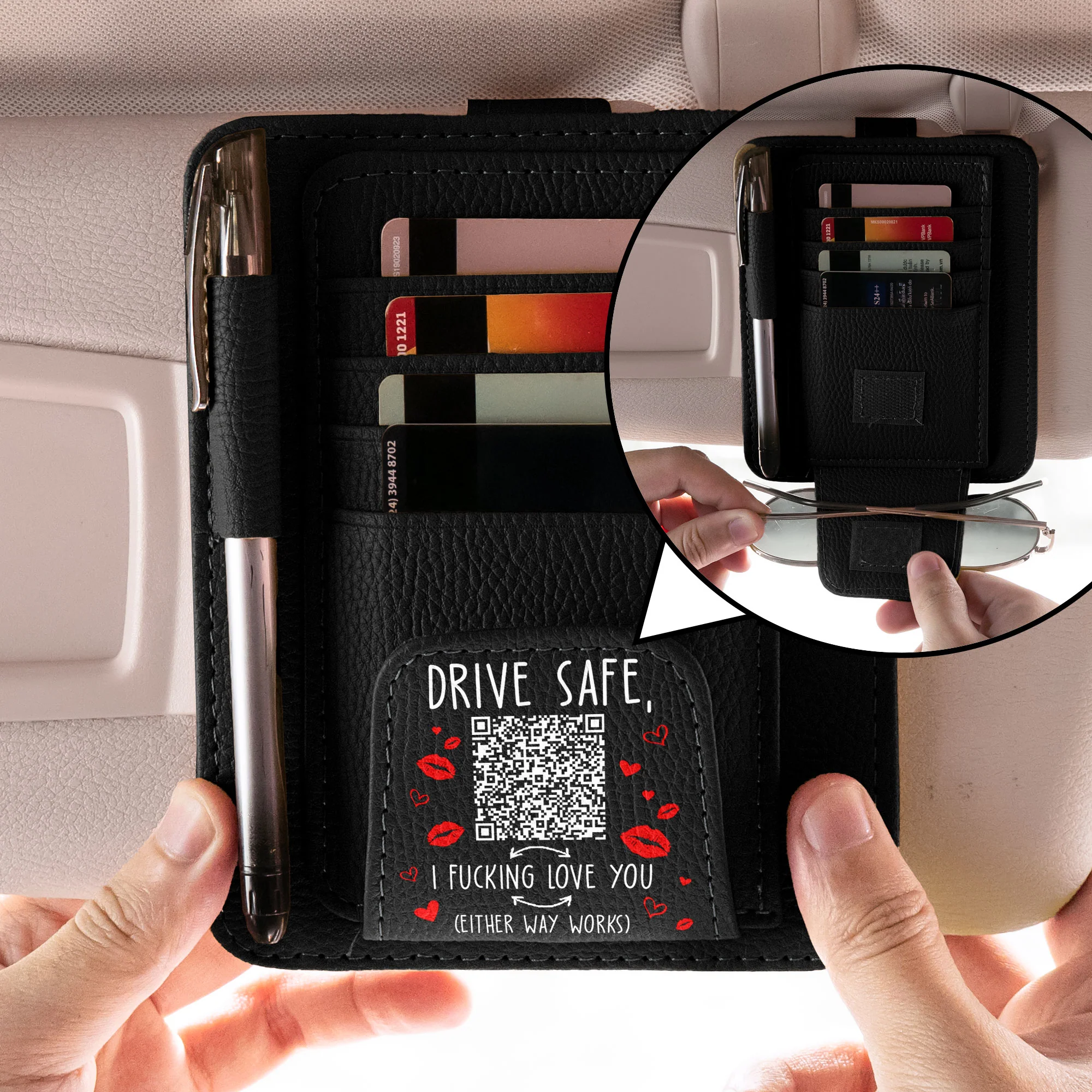 Drive Safe, I Fcking Love You QR Scan - Personalized Leather Car Visor Organizer - Image 2