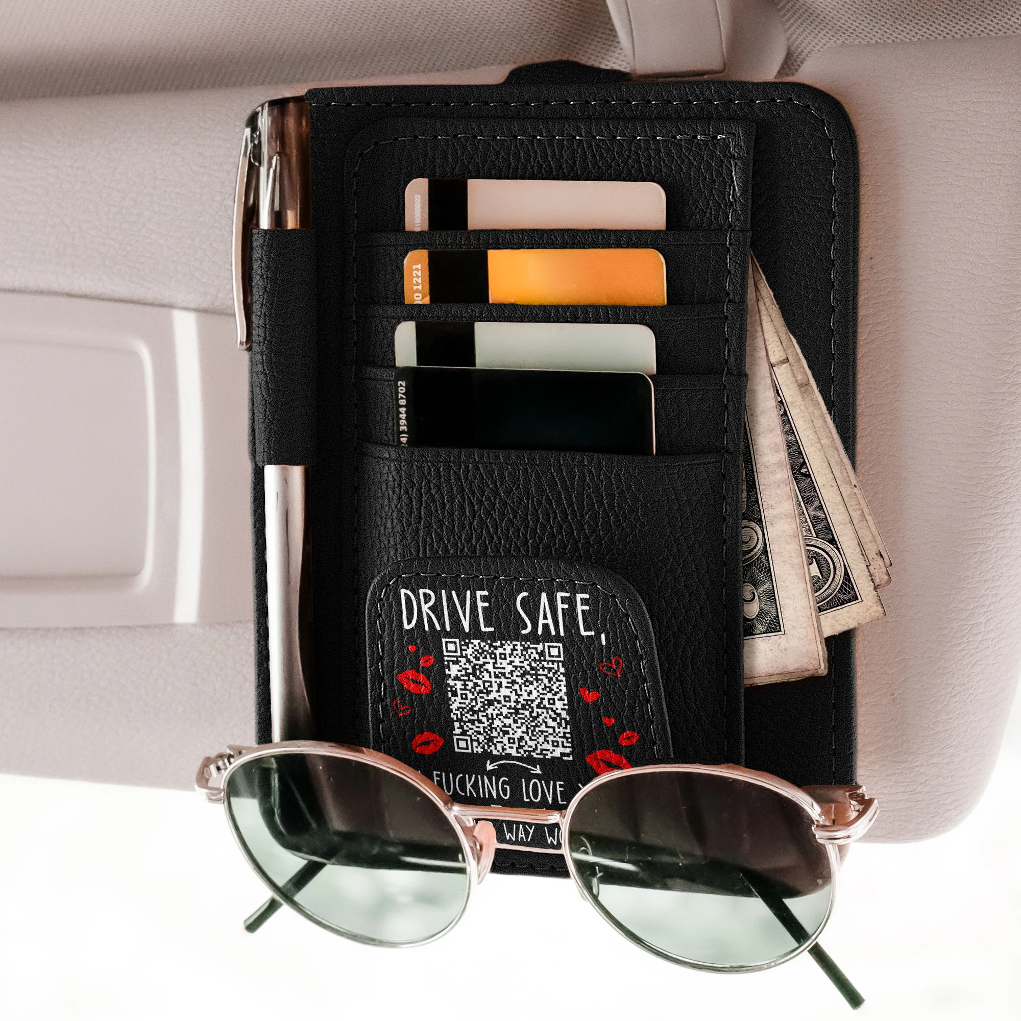 Drive Safe, I Fcking Love You QR Scan - Personalized Leather Car Visor Organizer - Image 4
