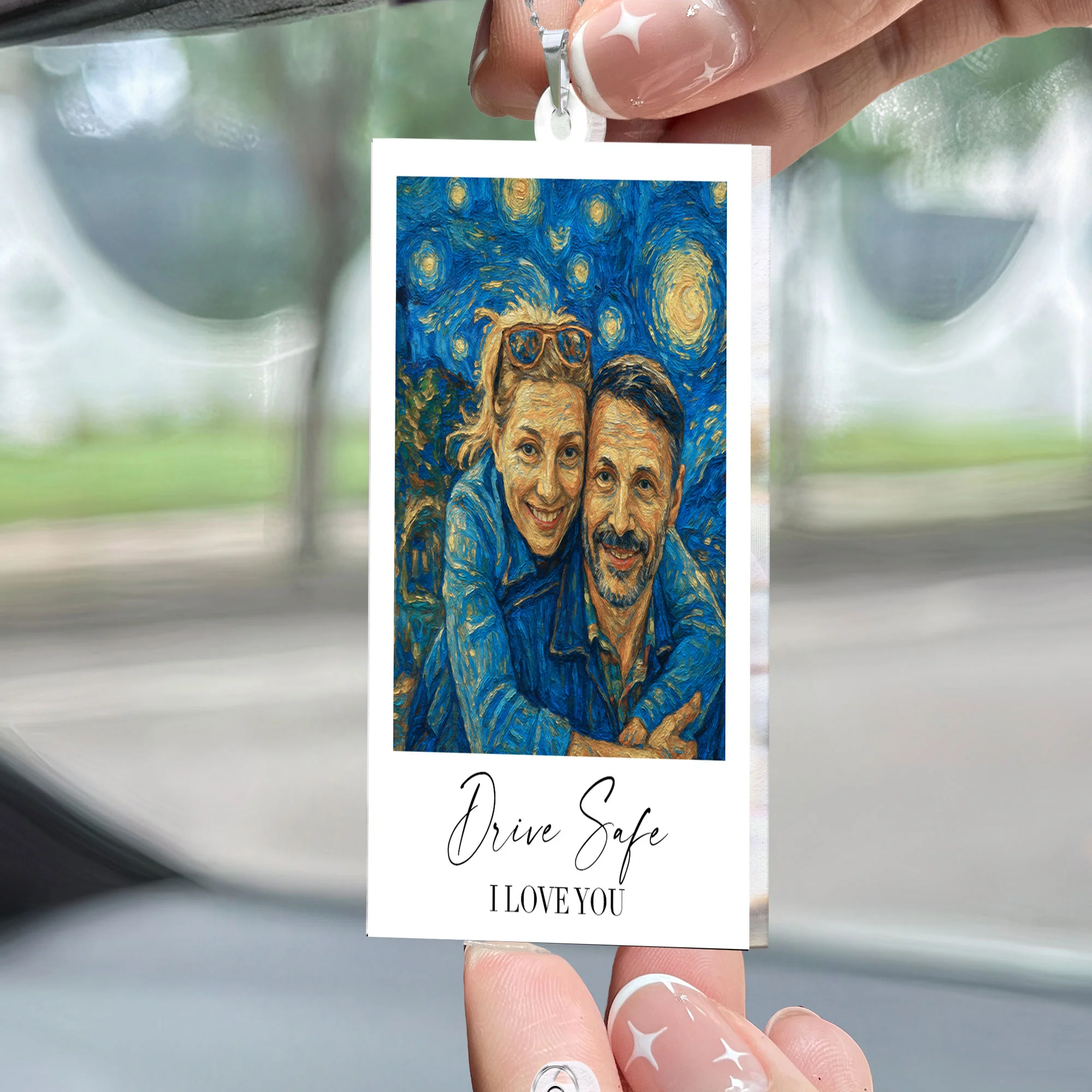 Drive Safe I Love You Van Gogh Art - Personalized Photo Rear View Mirror Accessory - Image 2