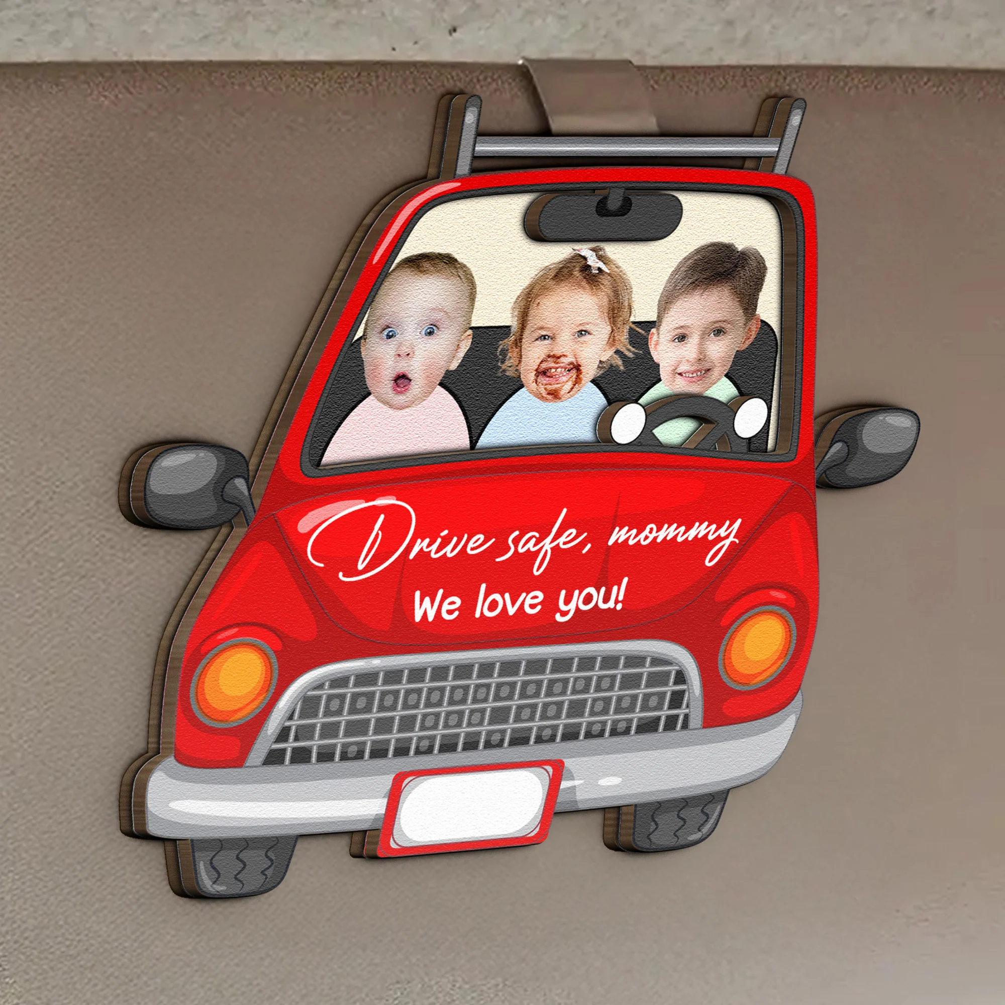 Drive Safe Mommy We Love You - Personalized Wooden Photo Car Visor Clip - Image 2