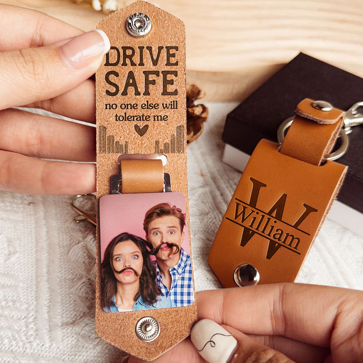Drive Safe No One Else Will Tolerate Me - Personalized Leather Photo Keychain - Image 2