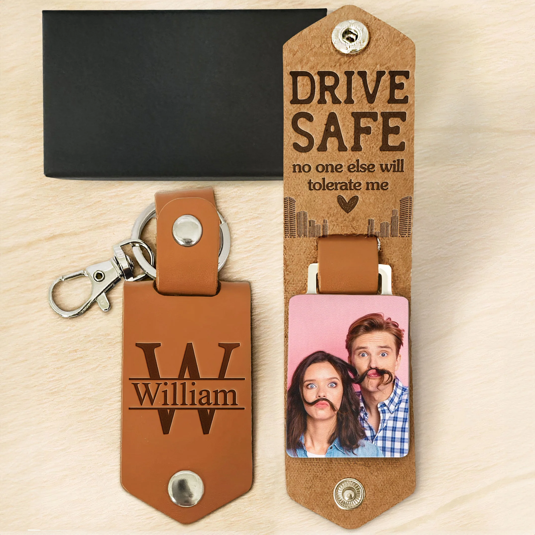 Drive Safe No One Else Will Tolerate Me - Personalized Leather Photo Keychain - Image 5