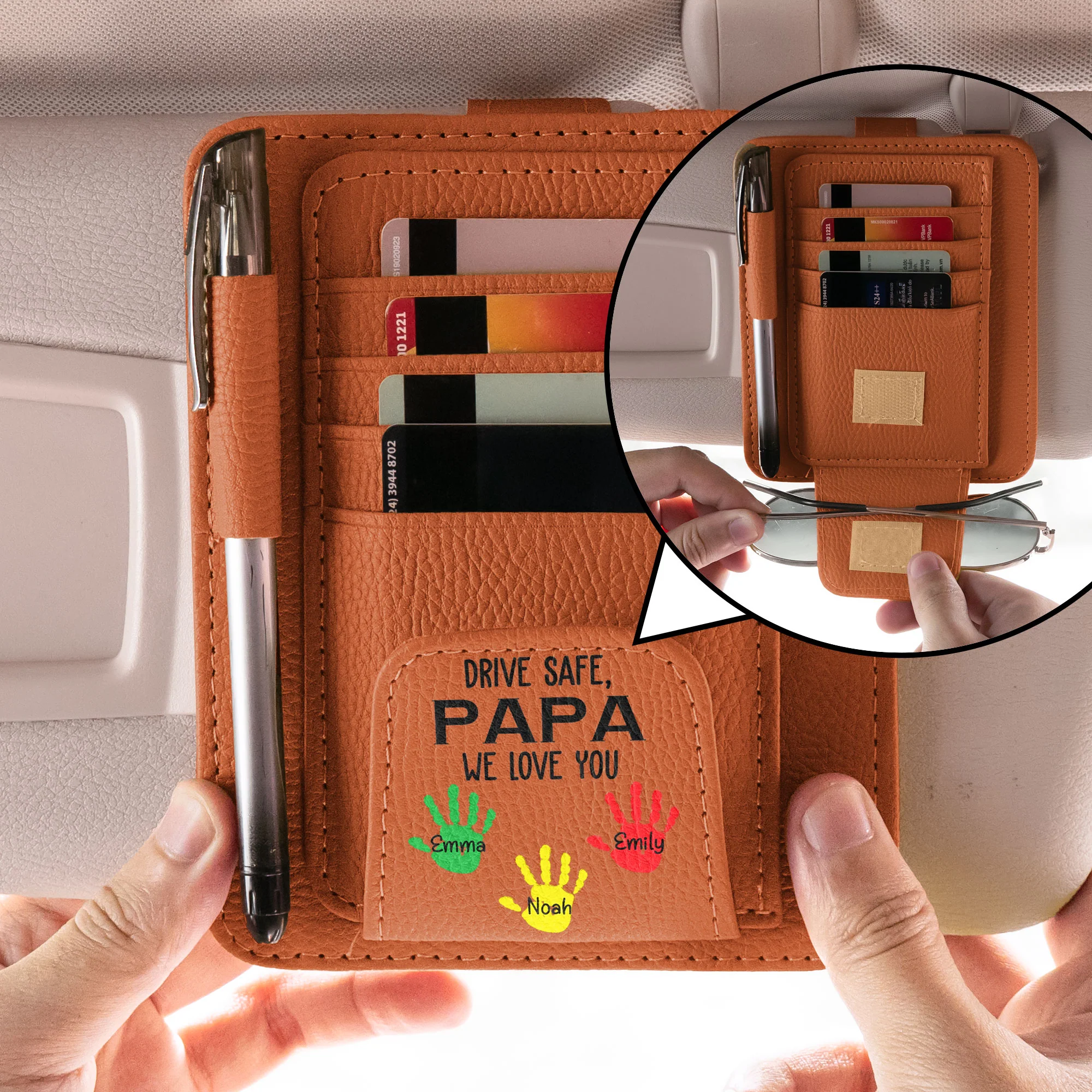 Drive Safe, Papa We Love You! - Personalized Leather Car Visor Organizer - Image 2