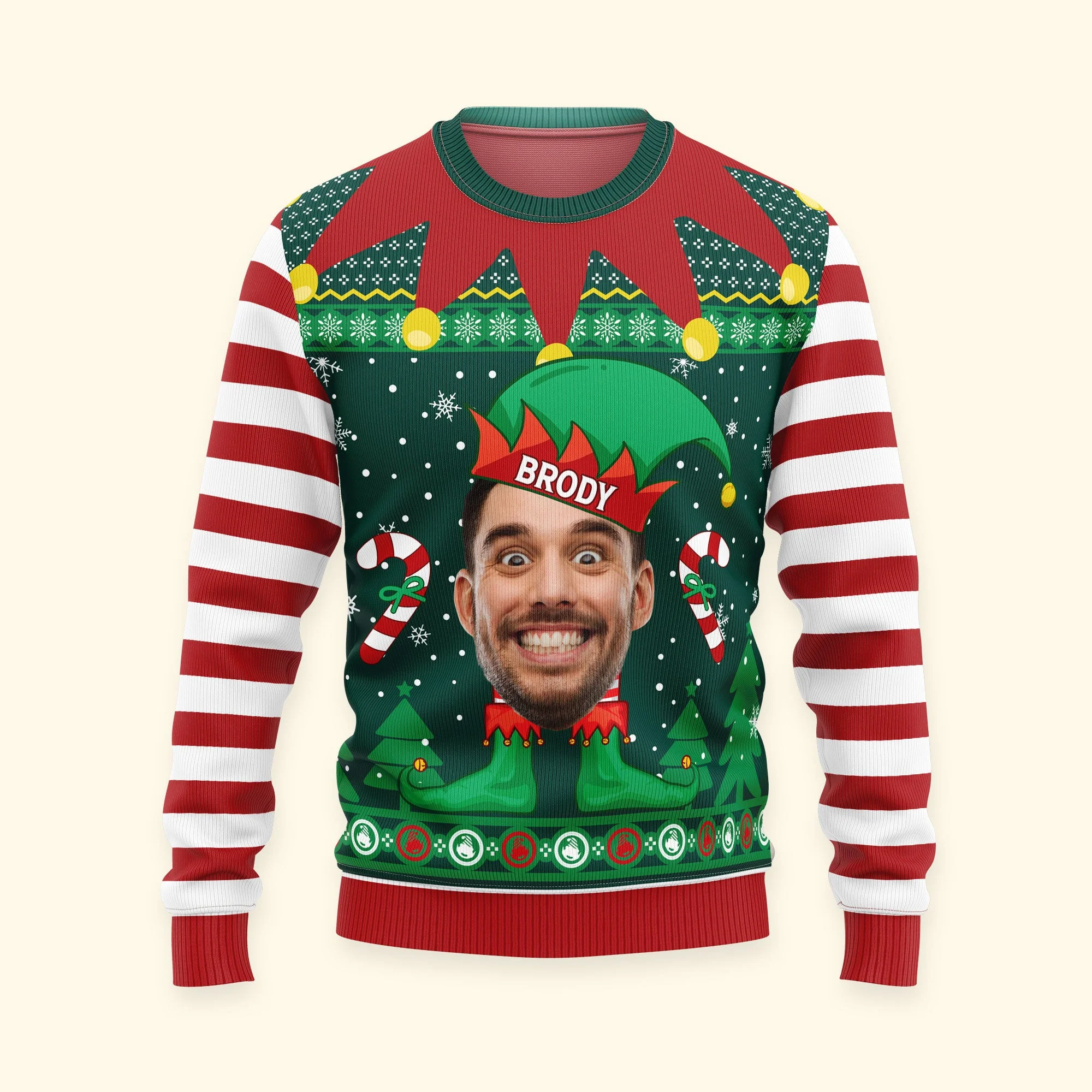 Elf Christmas Funny Face Family Name - Personalized Photo Ugly Sweater - Image 5