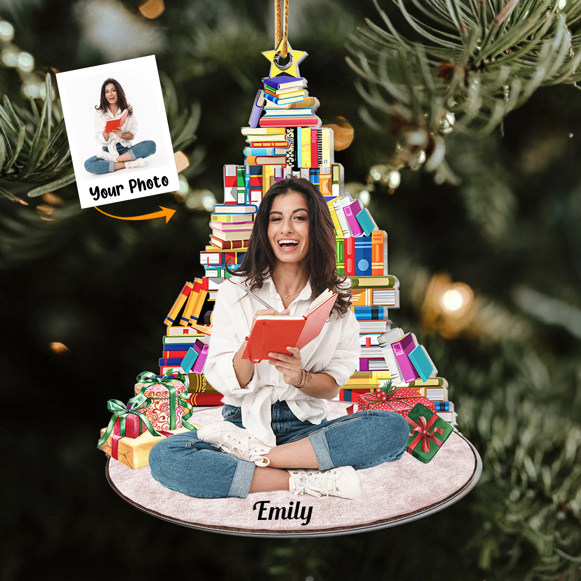 Enjoy Under The Christmas Book Tree - Personalized Acrylic Photo Ornament - Image 3