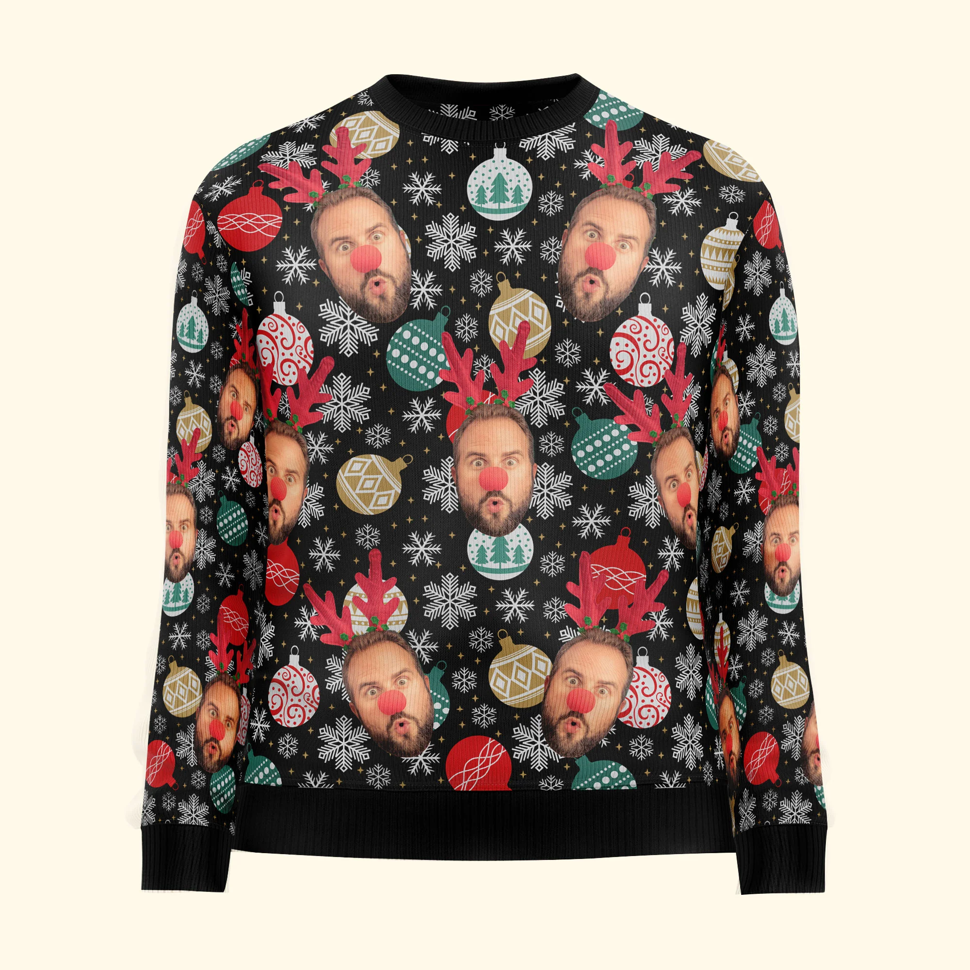 Face Christmas Family Baubles Balls And Snowflakes - Personalized Photo Ugly Sweater - Image 4
