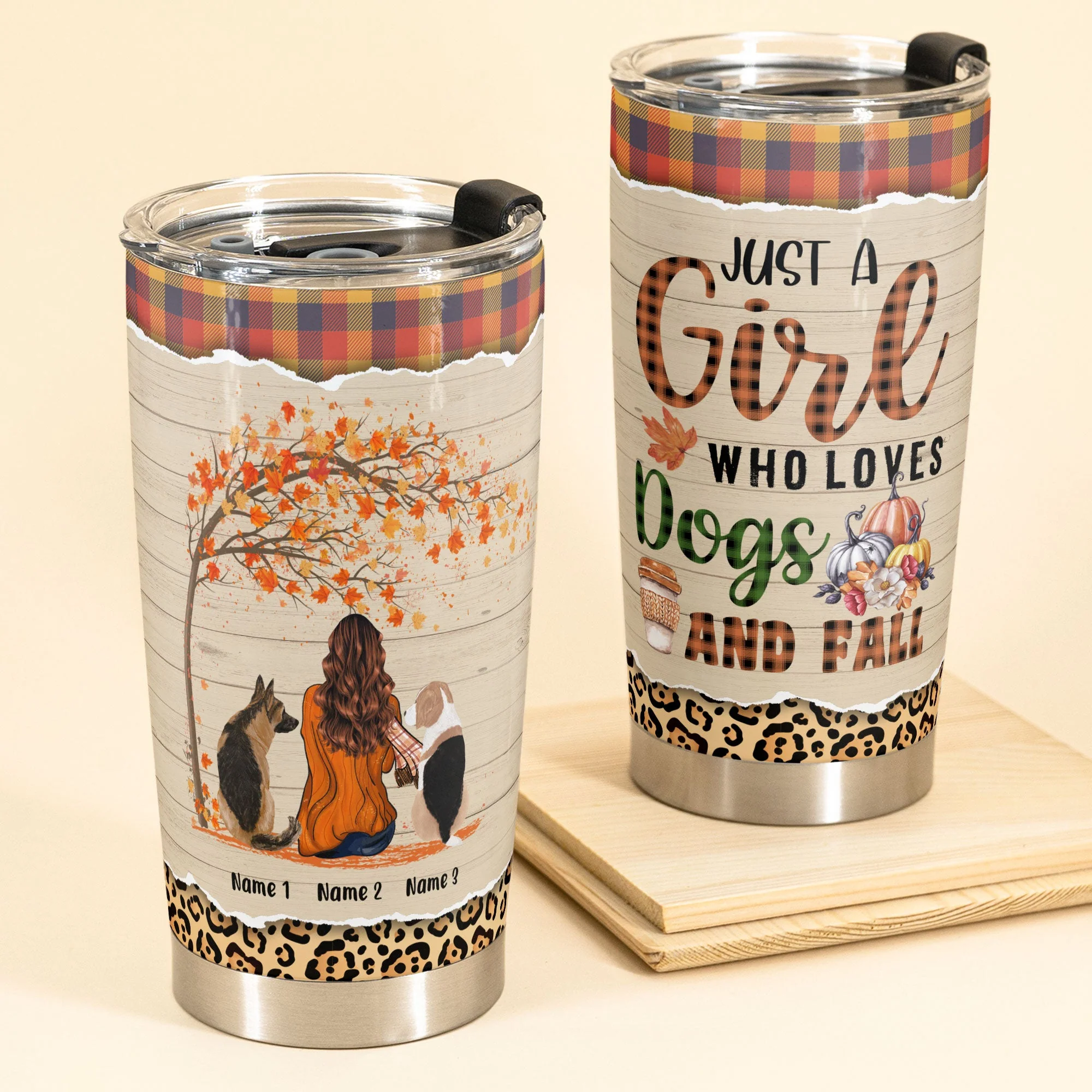 Just A Girl Who Loves Dogs And Fall - Personalized Tumbler Cup - Girl Back & Dog Back