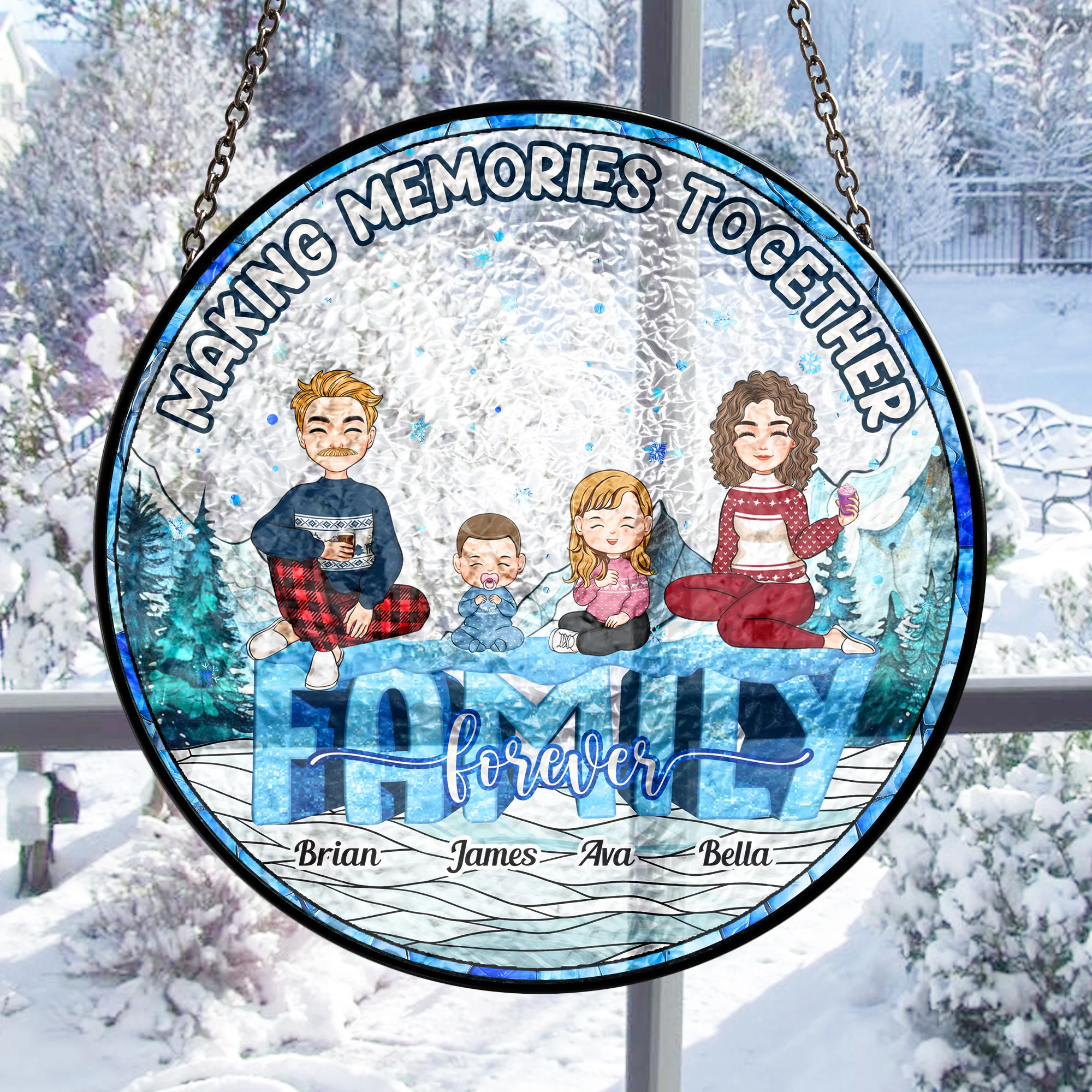 Family Around Christmas Tree - Personalized Stained Glass Window Hanging Suncatcher - Image 2