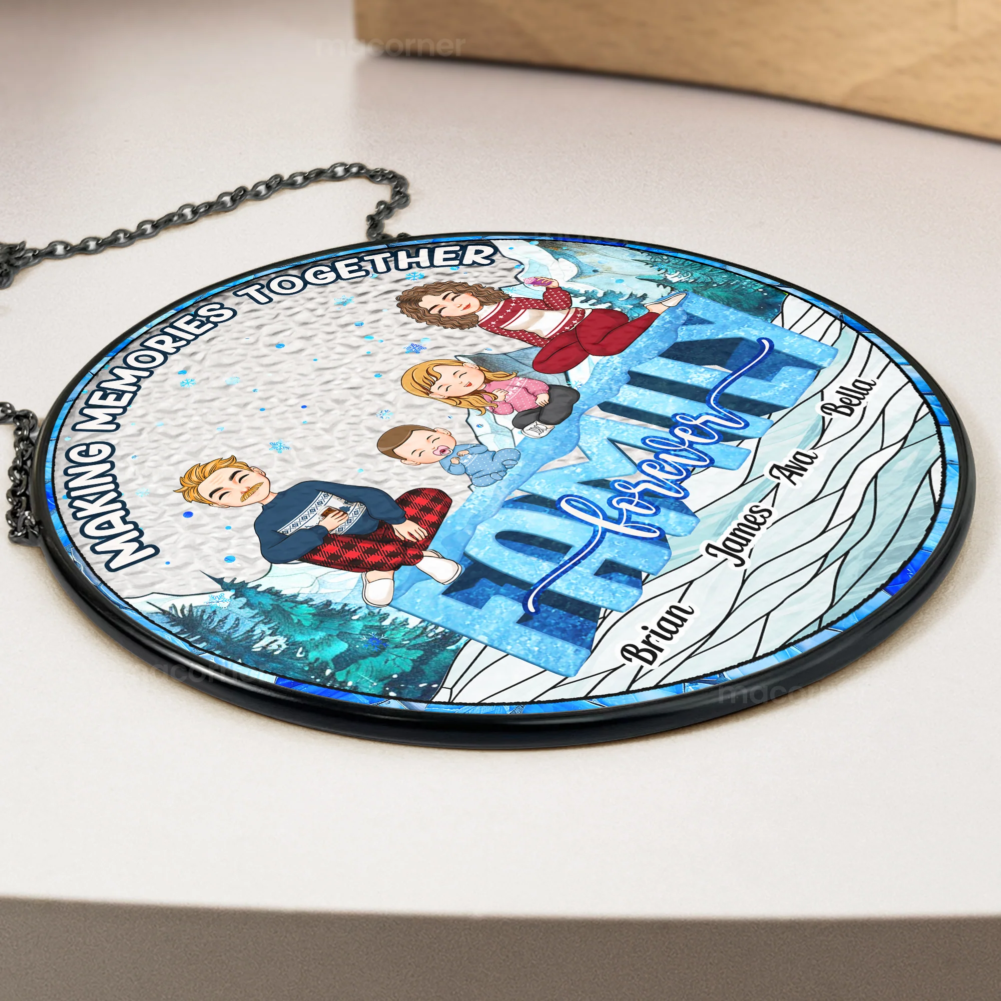 Family Around Christmas Tree - Personalized Stained Glass Window Hanging Suncatcher - Image 4