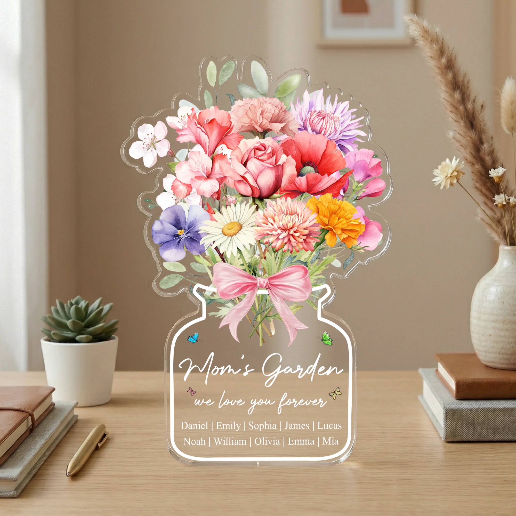 Family Birth Flower Bouquet Flowers Gift For Mom, Grandma, Family - Personalized Acrylic Plaque - Image 2