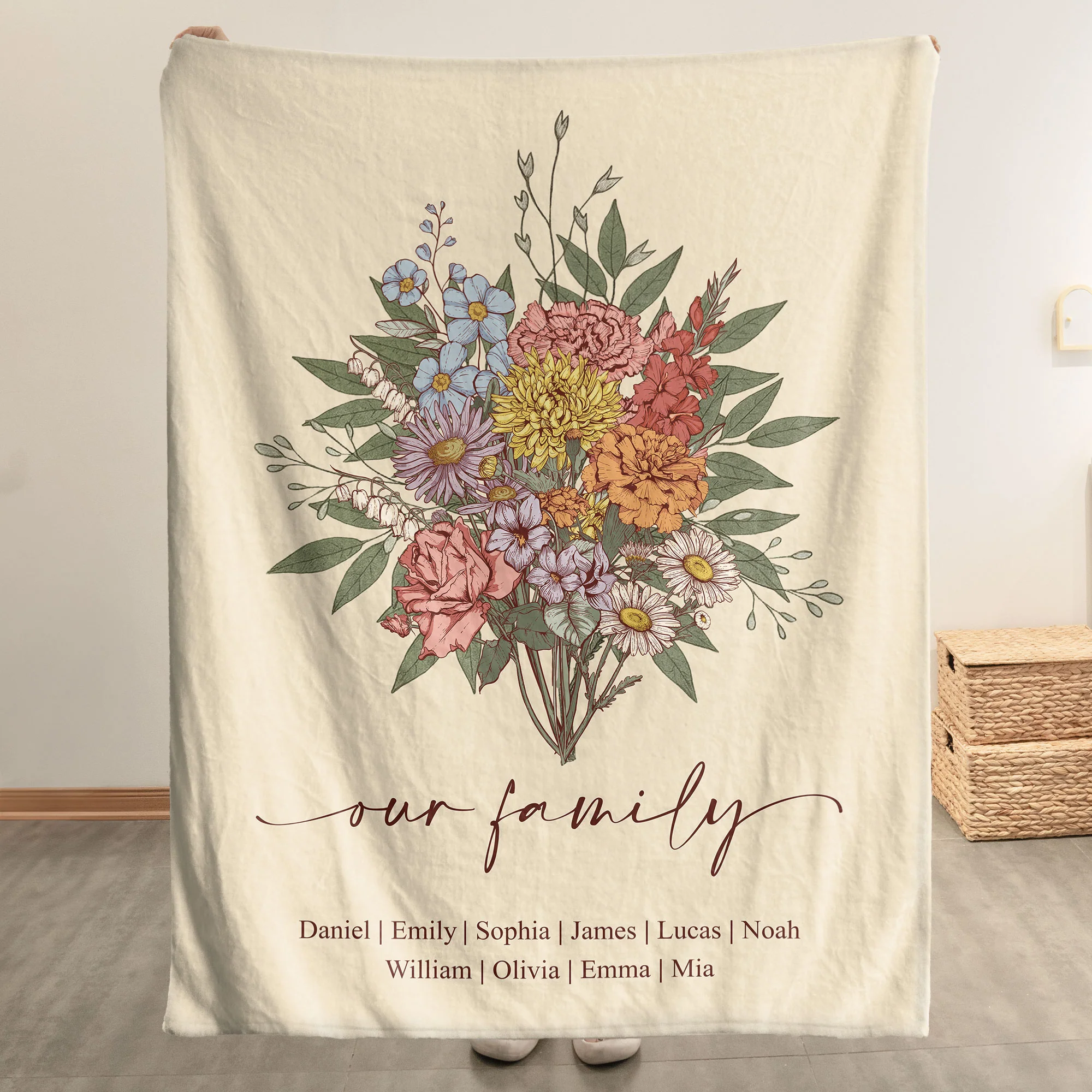 Family Boho Birth Flower Bouquet Flowers Gift For Mom, Grandma, Family - Personalized Blanket