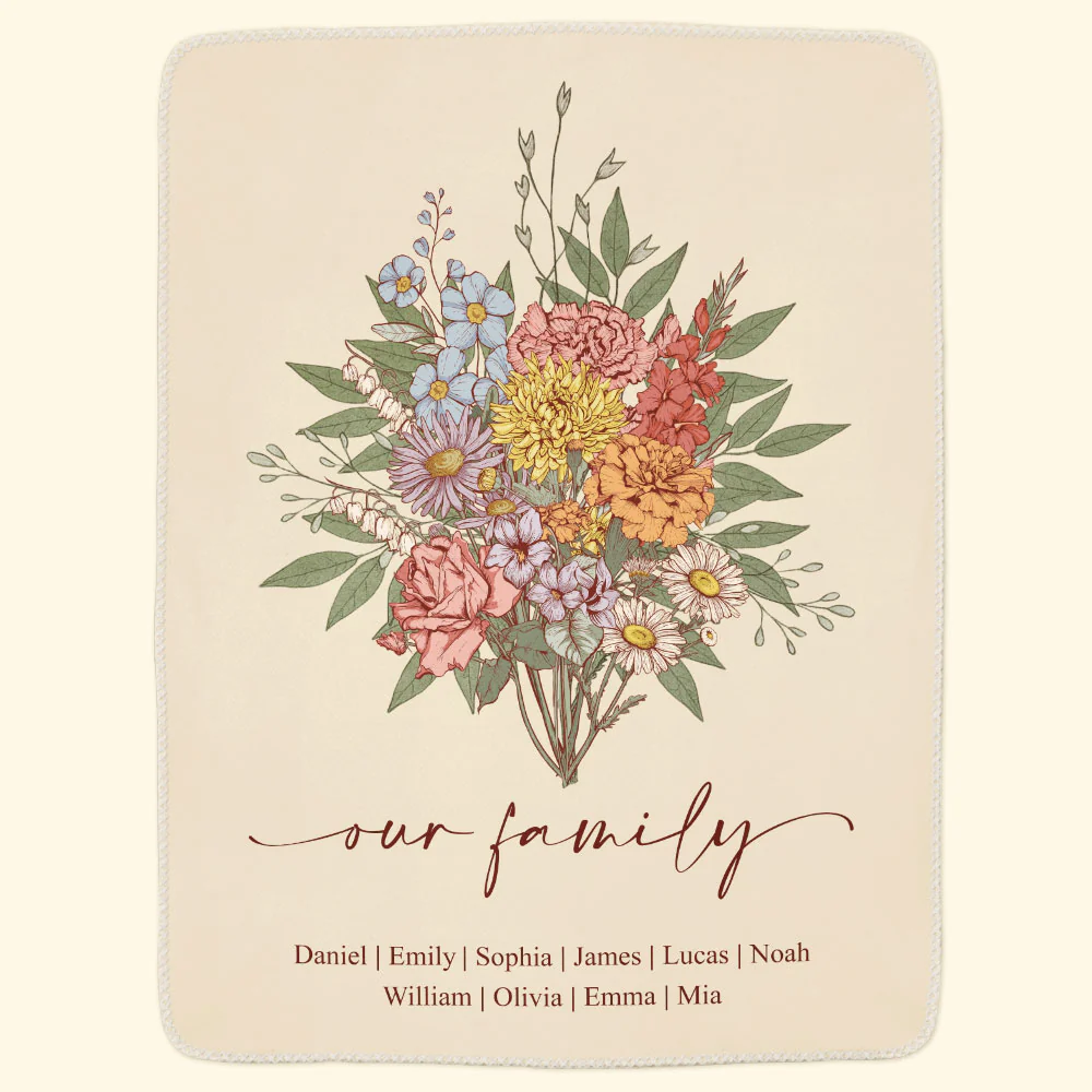 Family Boho Birth Flower Bouquet Flowers Gift For Mom, Grandma, Family - Personalized Blanket - Image 2