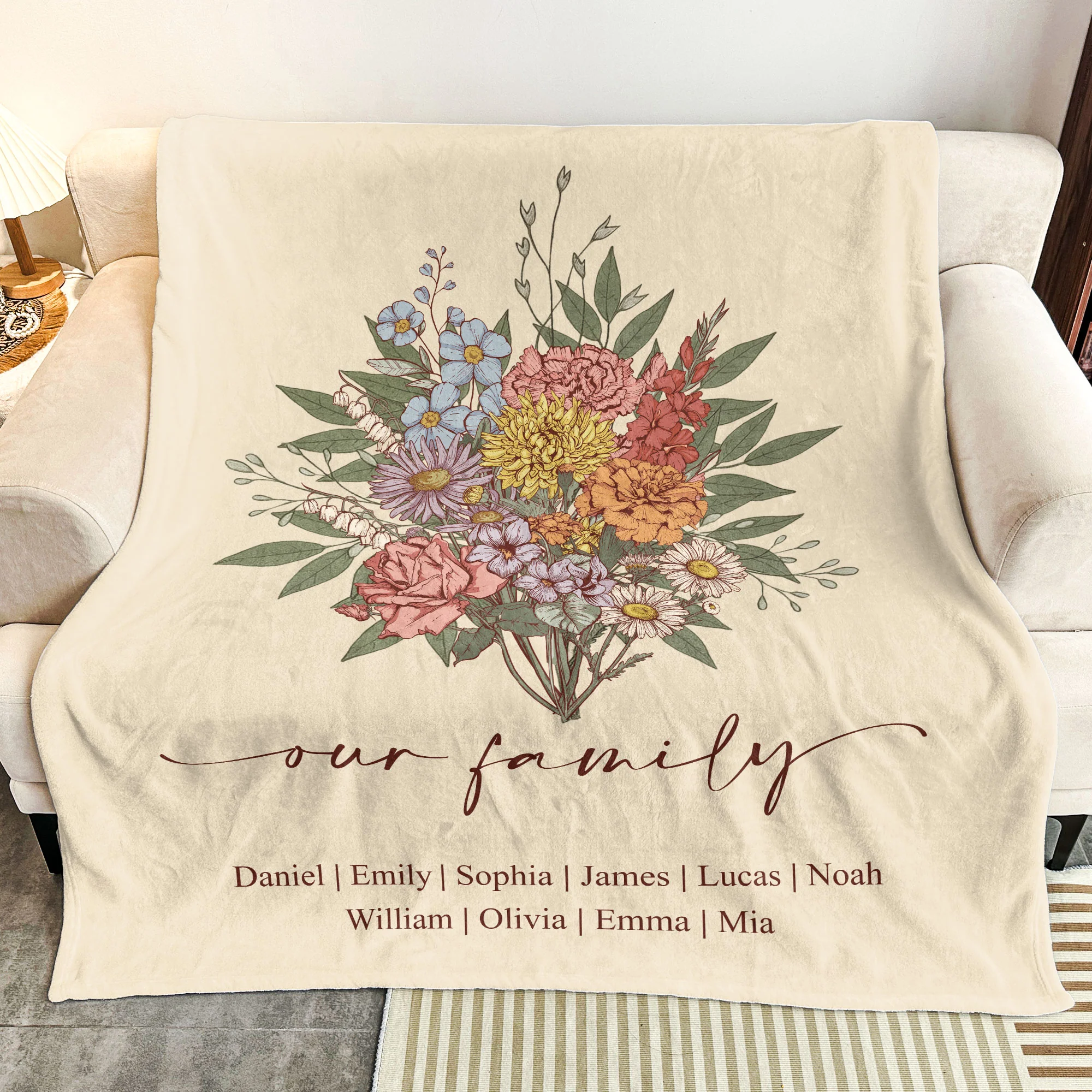 Family Boho Birth Flower Bouquet Flowers Gift For Mom, Grandma, Family - Personalized Blanket - Image 3
