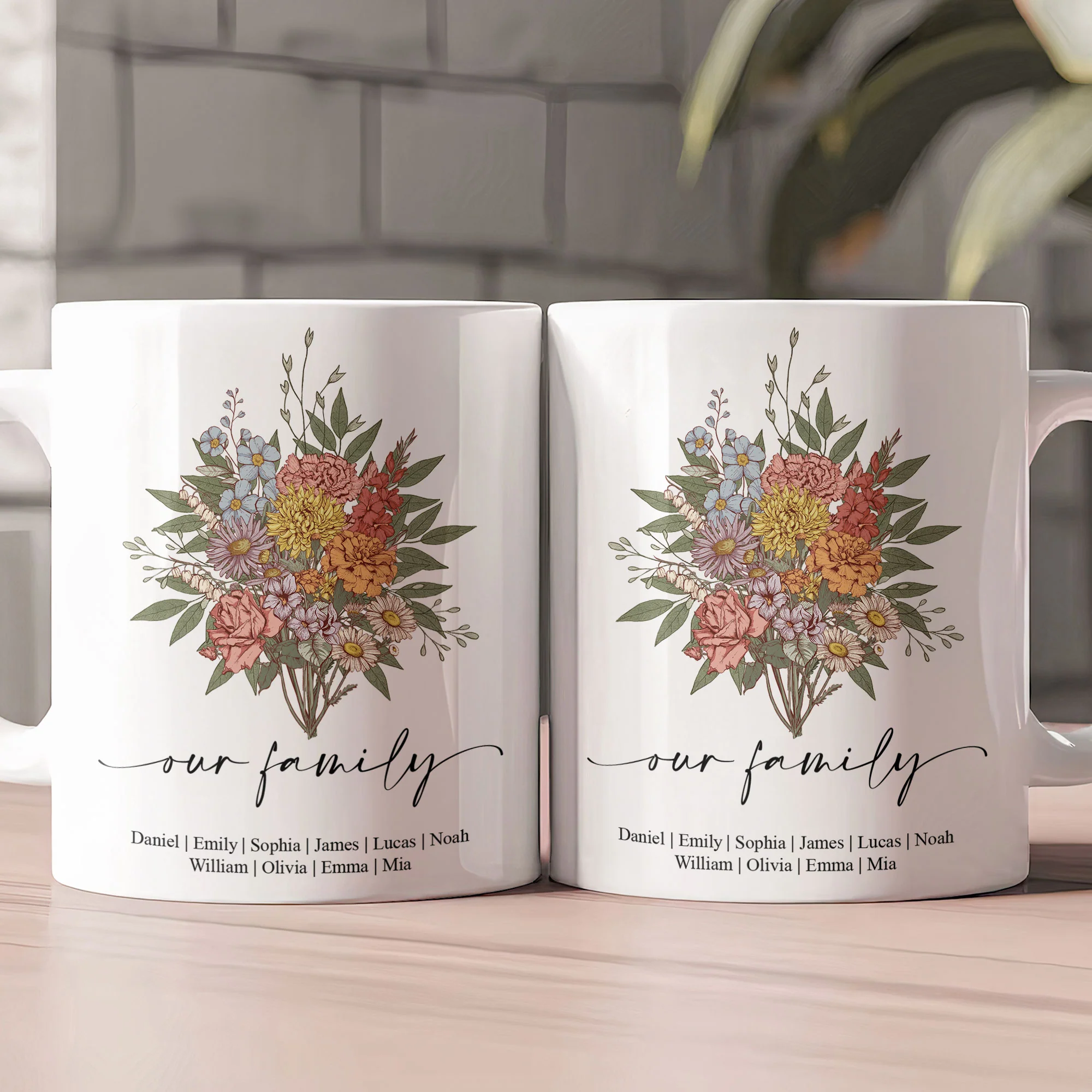Family Boho Birth Flower Bouquet Flowers Gift For Mom, Grandma, Family - Personalized Mug - Image 3