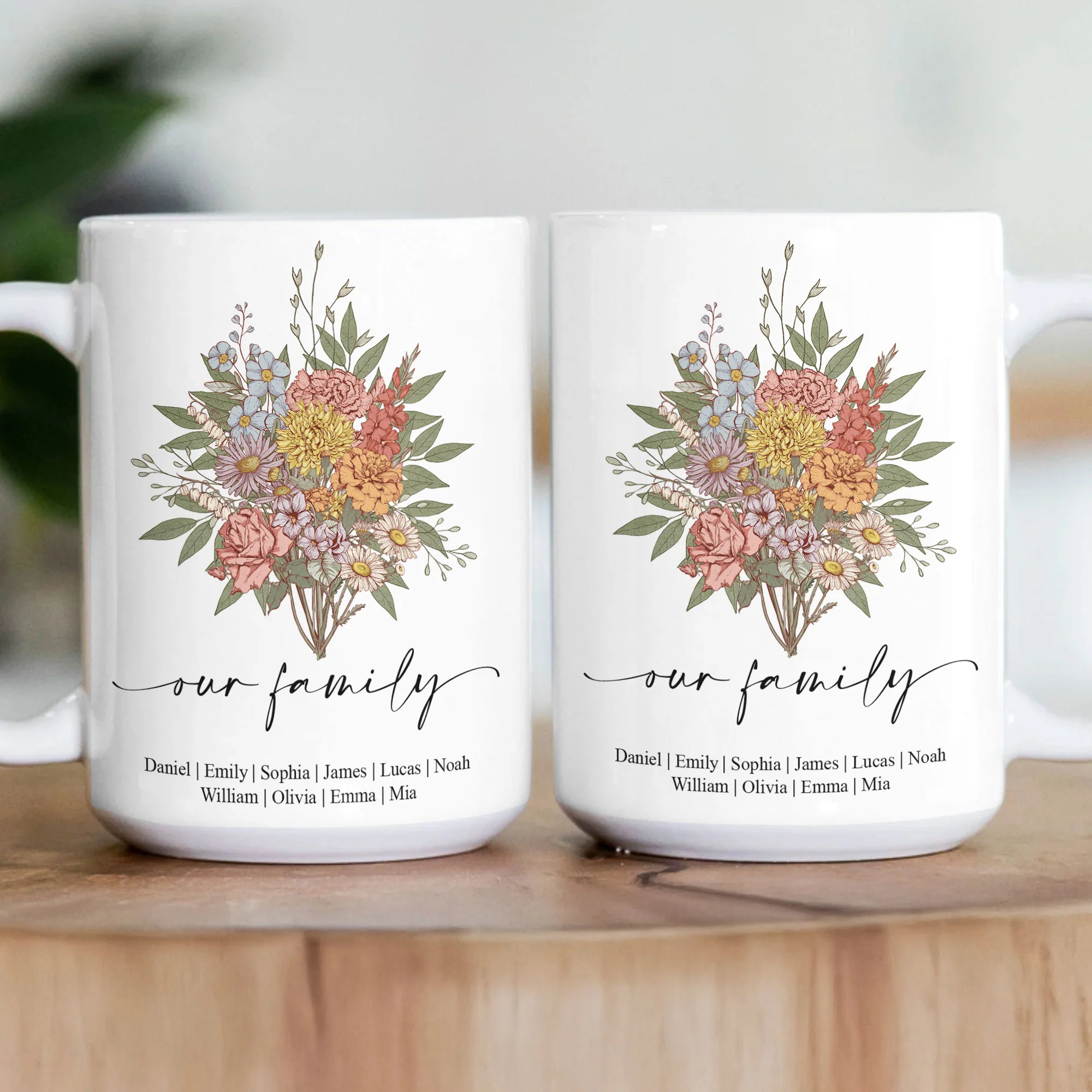 Family Boho Birth Flower Bouquet Flowers Gift For Mom, Grandma, Family - Personalized Mug - Image 4