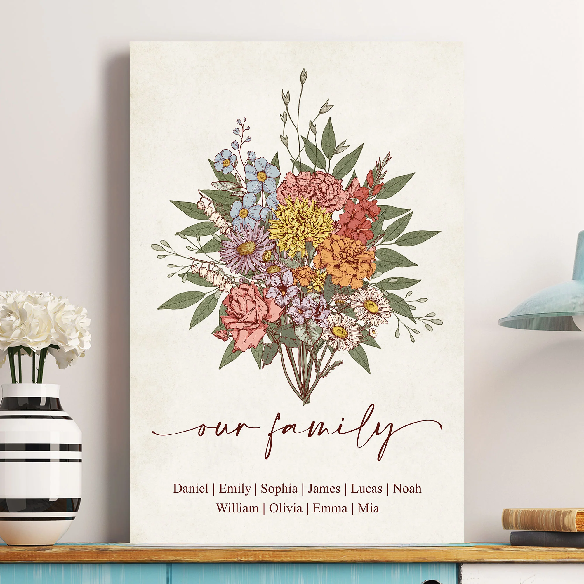 Family Boho Birth Flower Bouquet Flowers Gift For Mom, Grandma, Family - Personalized Poster - Image 2