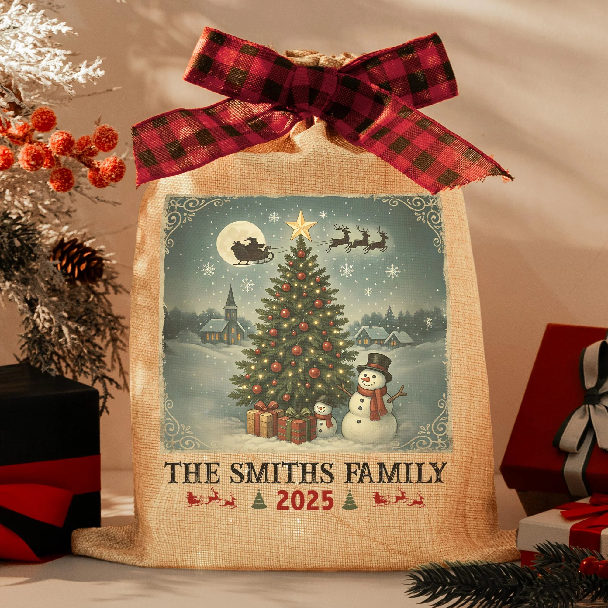 Family Christmas Artwork - Personalized Lighted Burlap Sack - Image 2