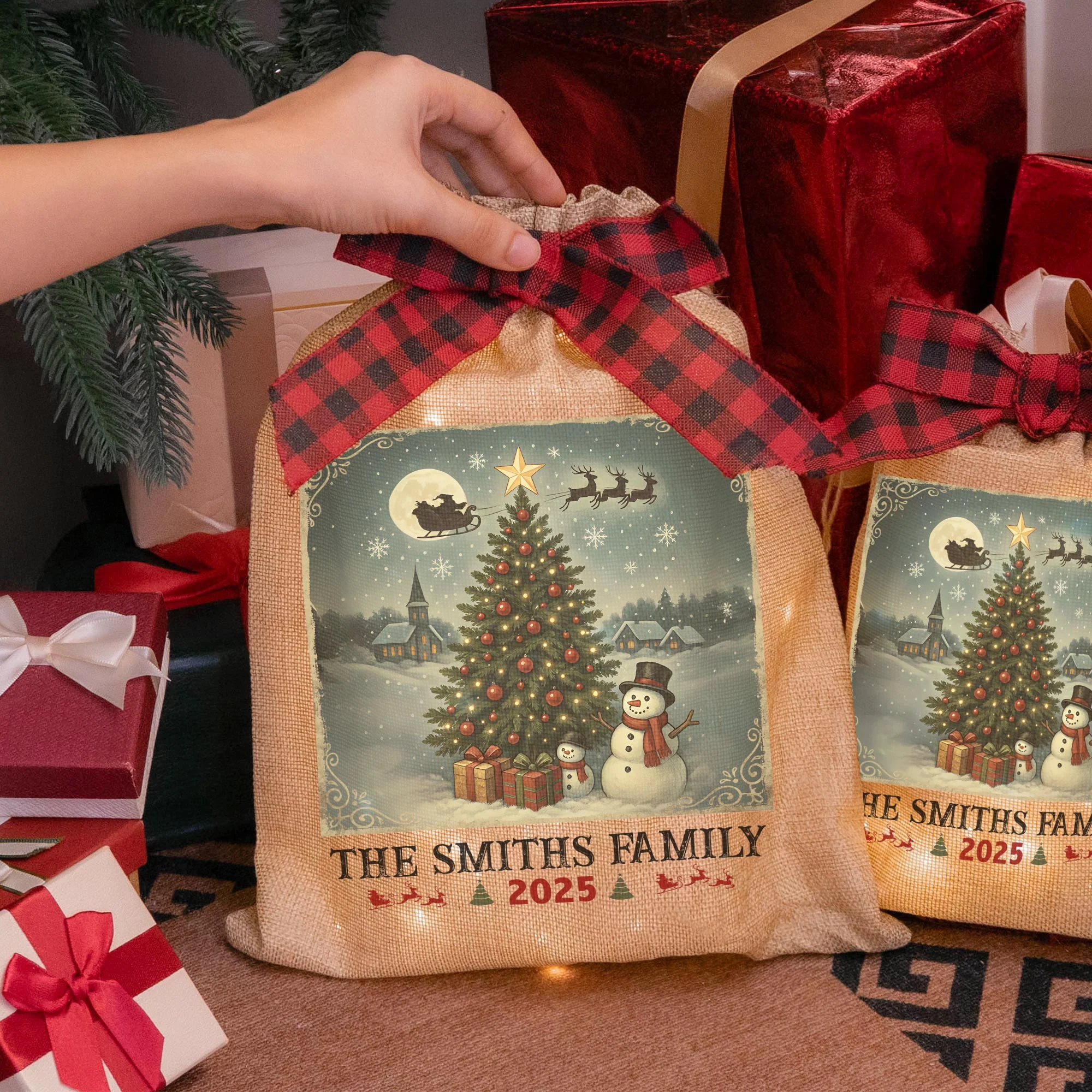 Family Christmas Artwork - Personalized Lighted Burlap Sack - Image 3