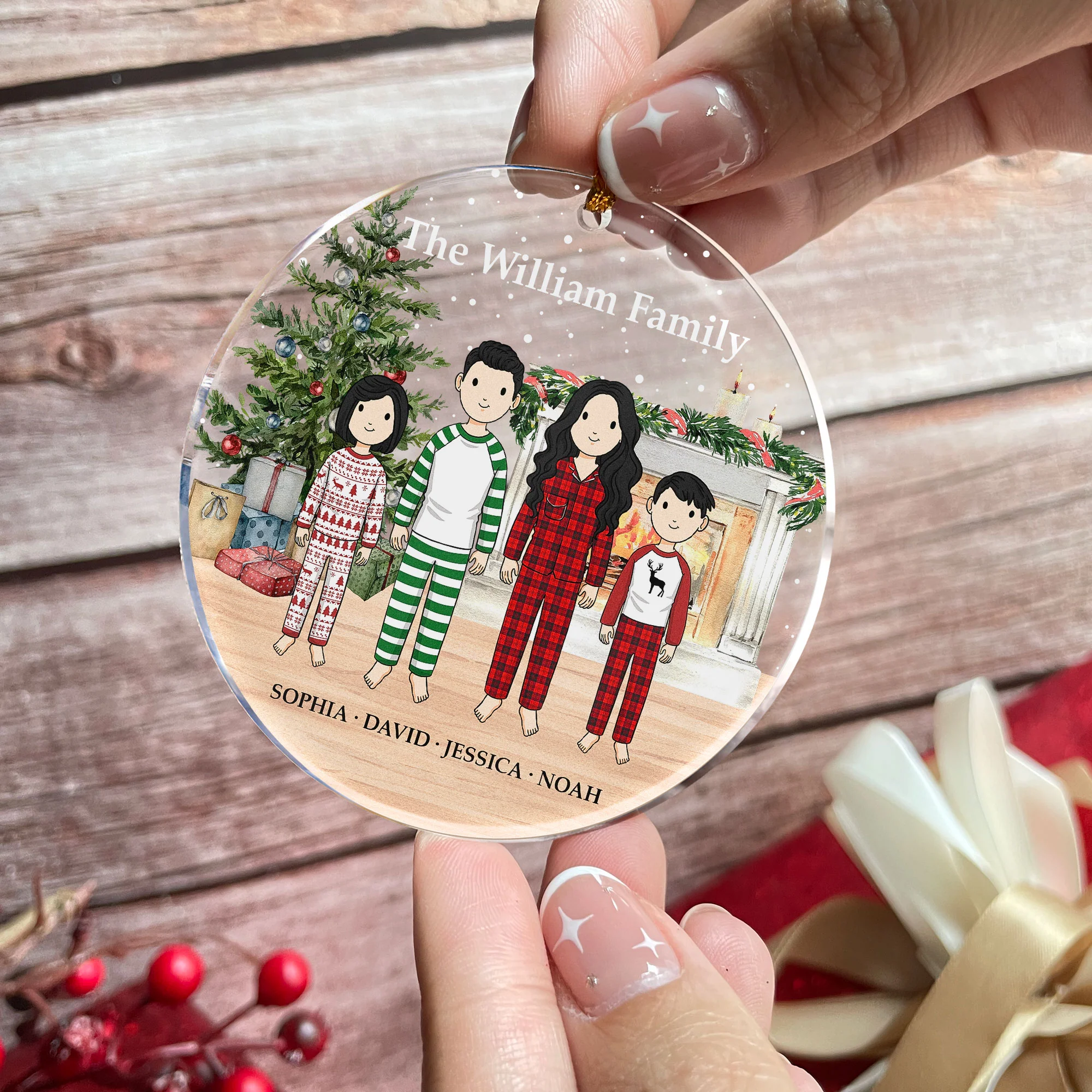 Family Christmas Time - Vintage Style - Personalized Acrylic Ornament - Image 3