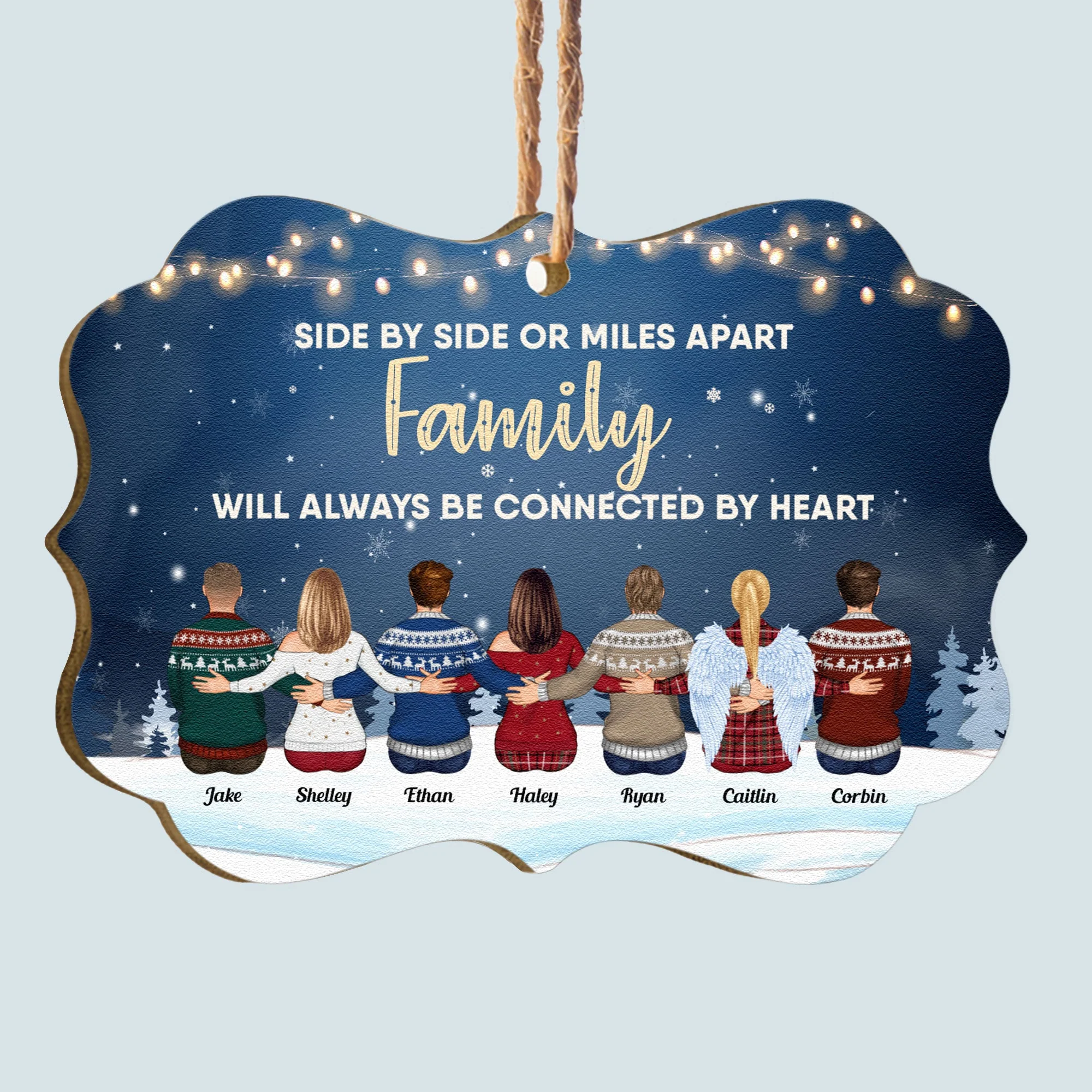 Family Connected By Heart - Personalized Wooden/Aluminum Ornament - Family Hugging - Image 2