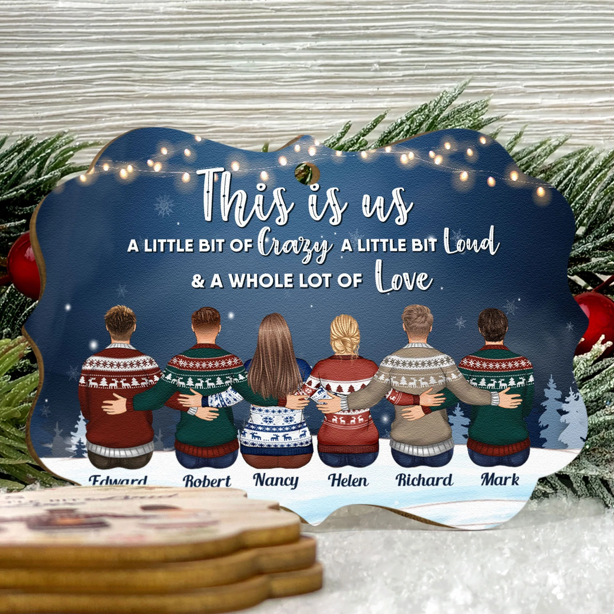 Family Connected By Heart - Personalized Wooden/Aluminum Ornament - Family Hugging - Image 3