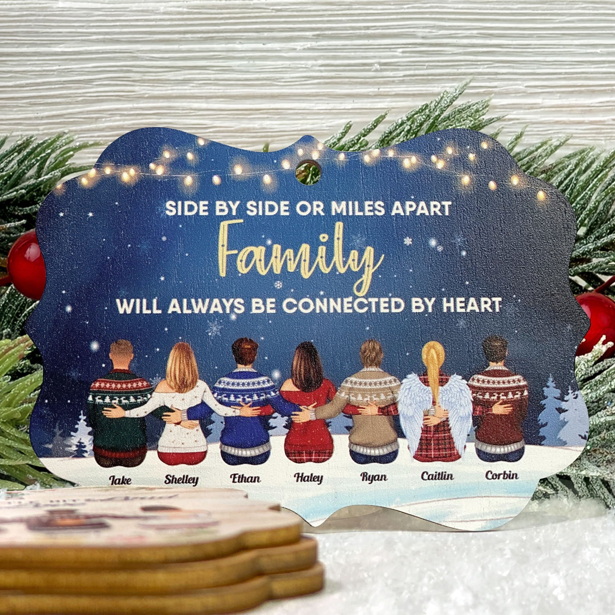 Family Connected By Heart - Personalized Wooden/Aluminum Ornament - Family Hugging - Image 4
