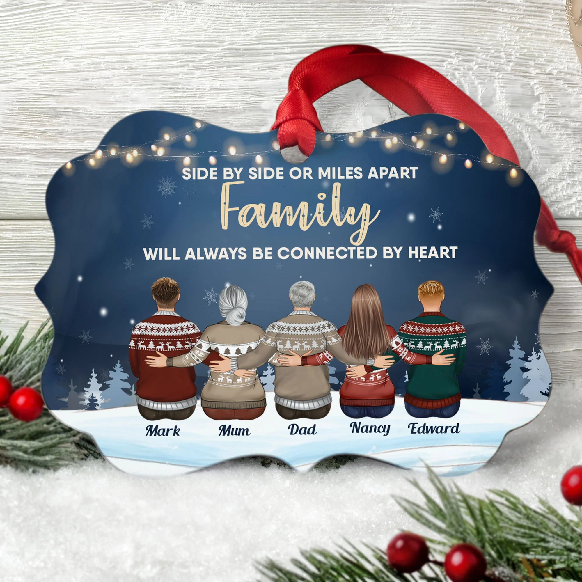 Family Connected By Heart - Personalized Wooden/Aluminum Ornament - Family Hugging - Image 6