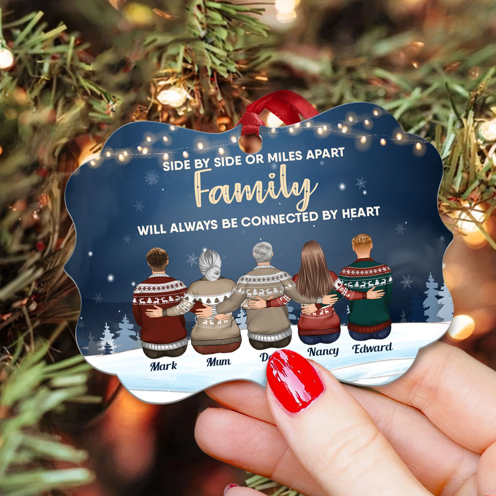 Family Connected By Heart - Personalized Wooden/Aluminum Ornament - Family Hugging - Image 7
