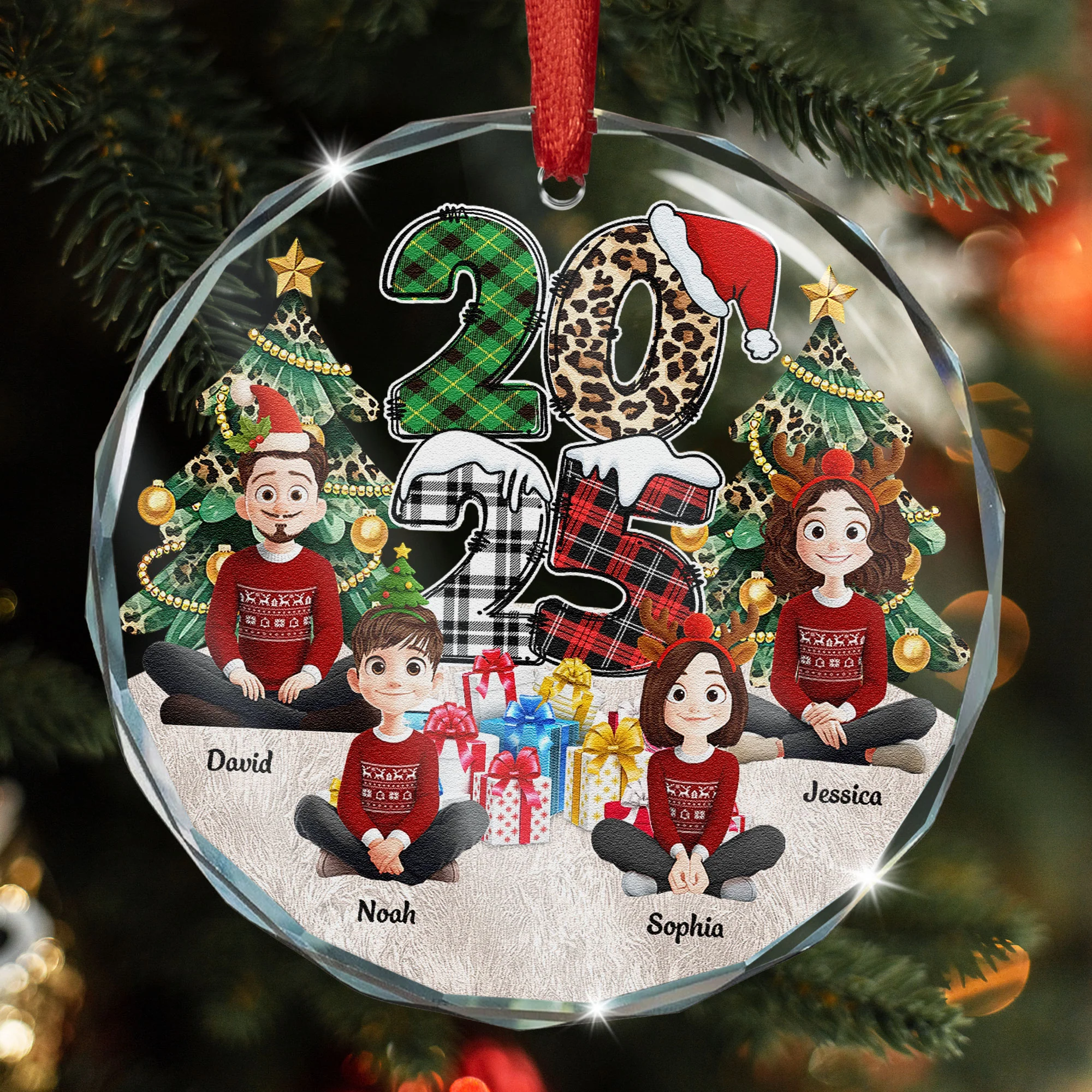 Family Couple Friends Sitting 2025 Cartoon Version - Personalized Glass Ornament - Image 4