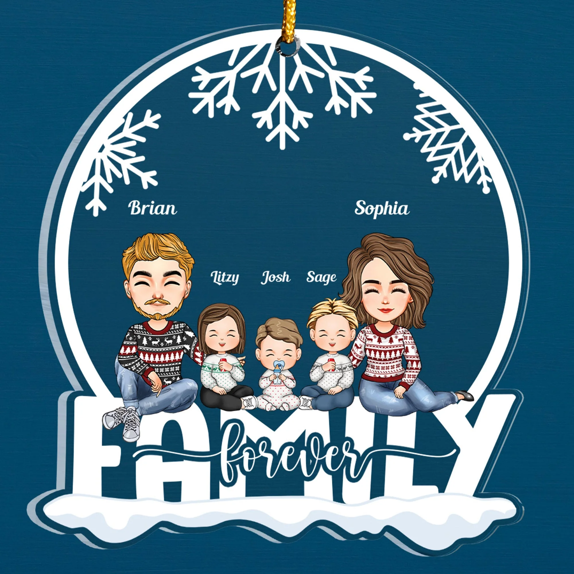 Family Forever - Cartoon Family - Personalized Snow Globe Shaped Acrylic Ornament - Image 2