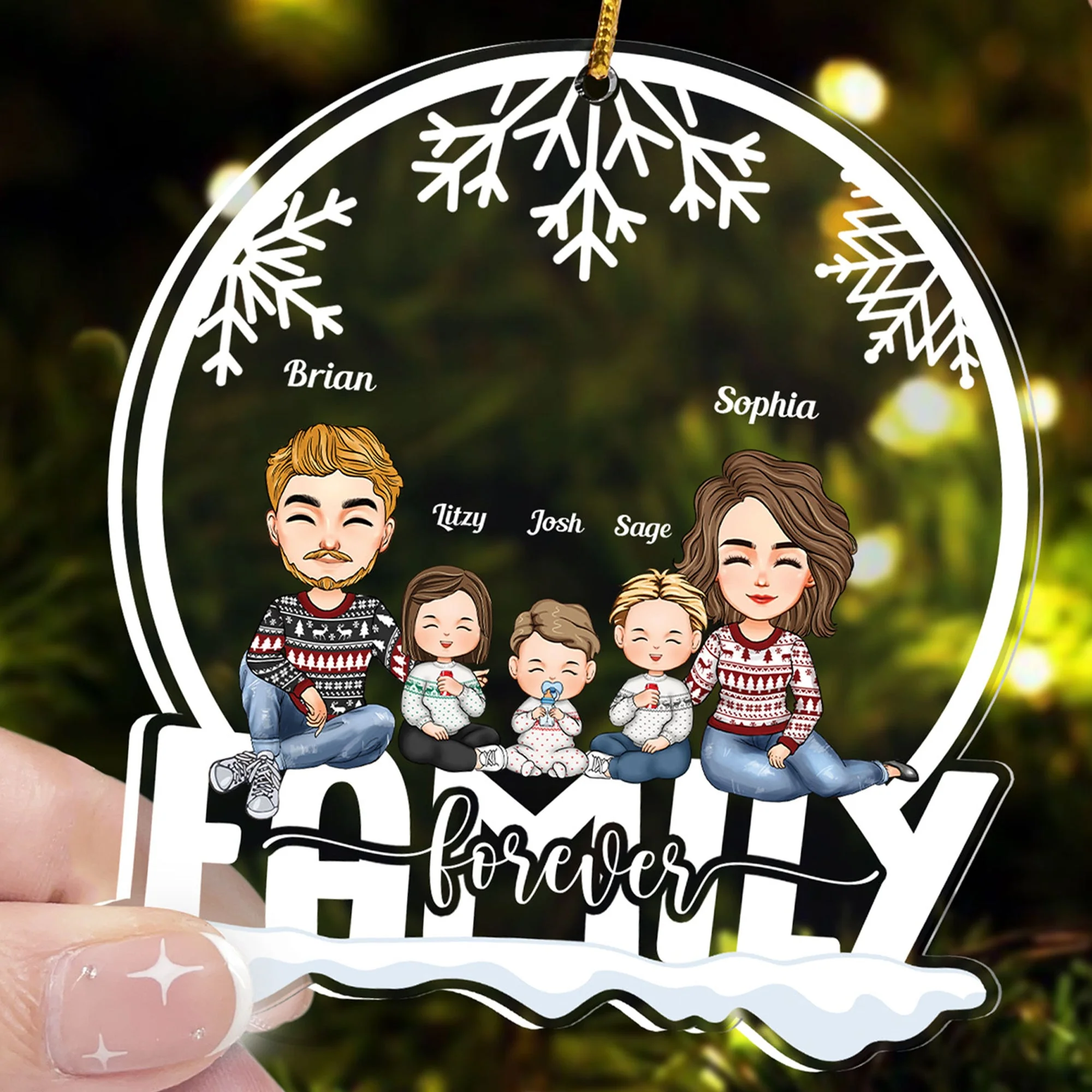 Family Forever - Cartoon Family - Personalized Snow Globe Shaped Acrylic Ornament - Image 3