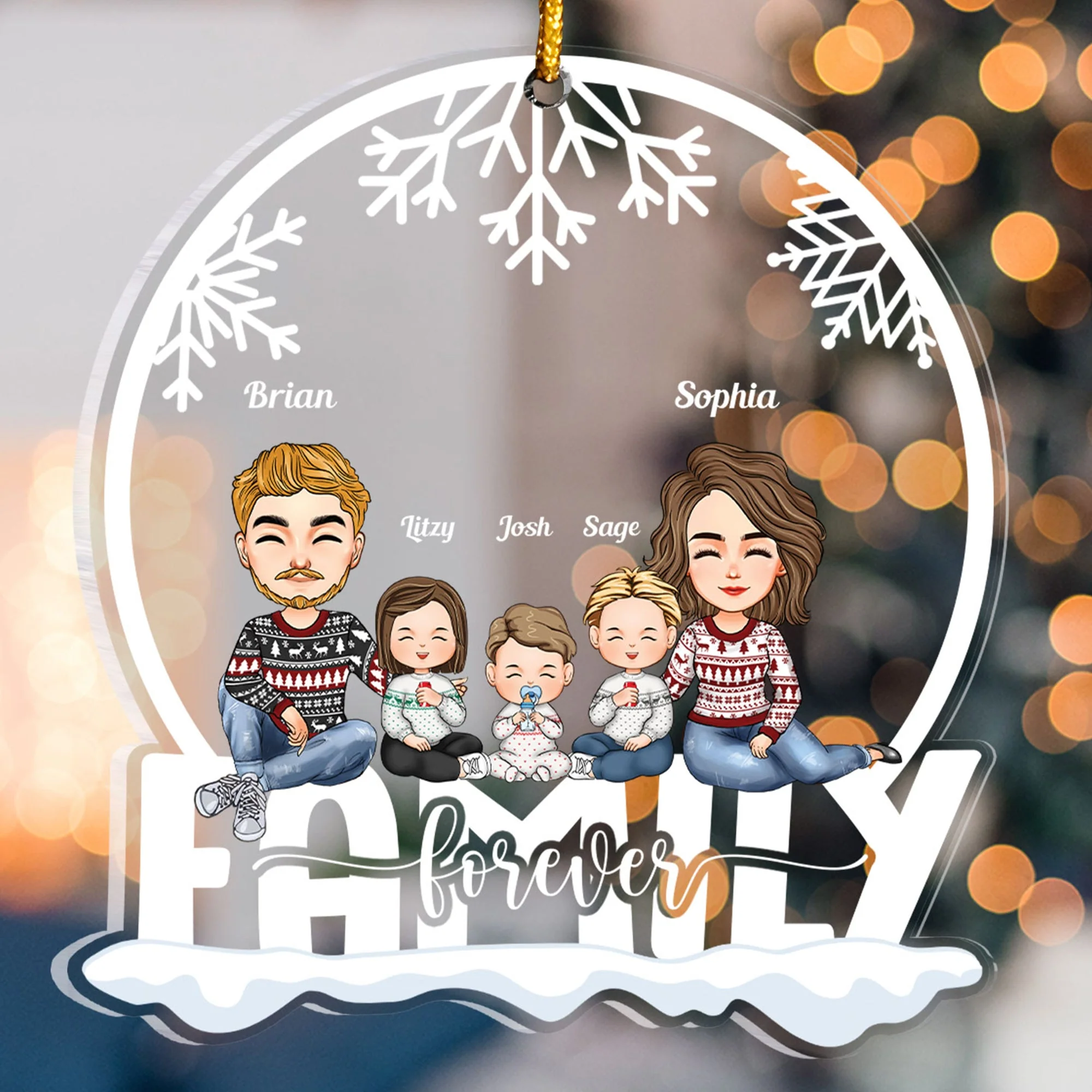 Family Forever - Cartoon Family - Personalized Snow Globe Shaped Acrylic Ornament - Image 4