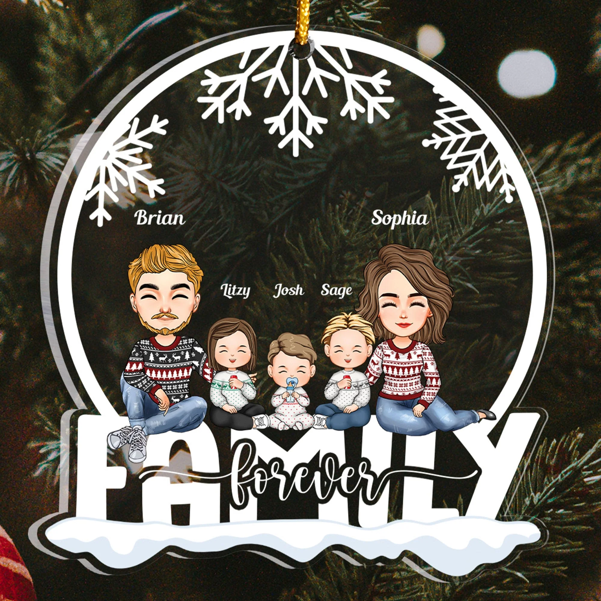 Family Forever - Cartoon Family - Personalized Snow Globe Shaped Acrylic Ornament - Image 5