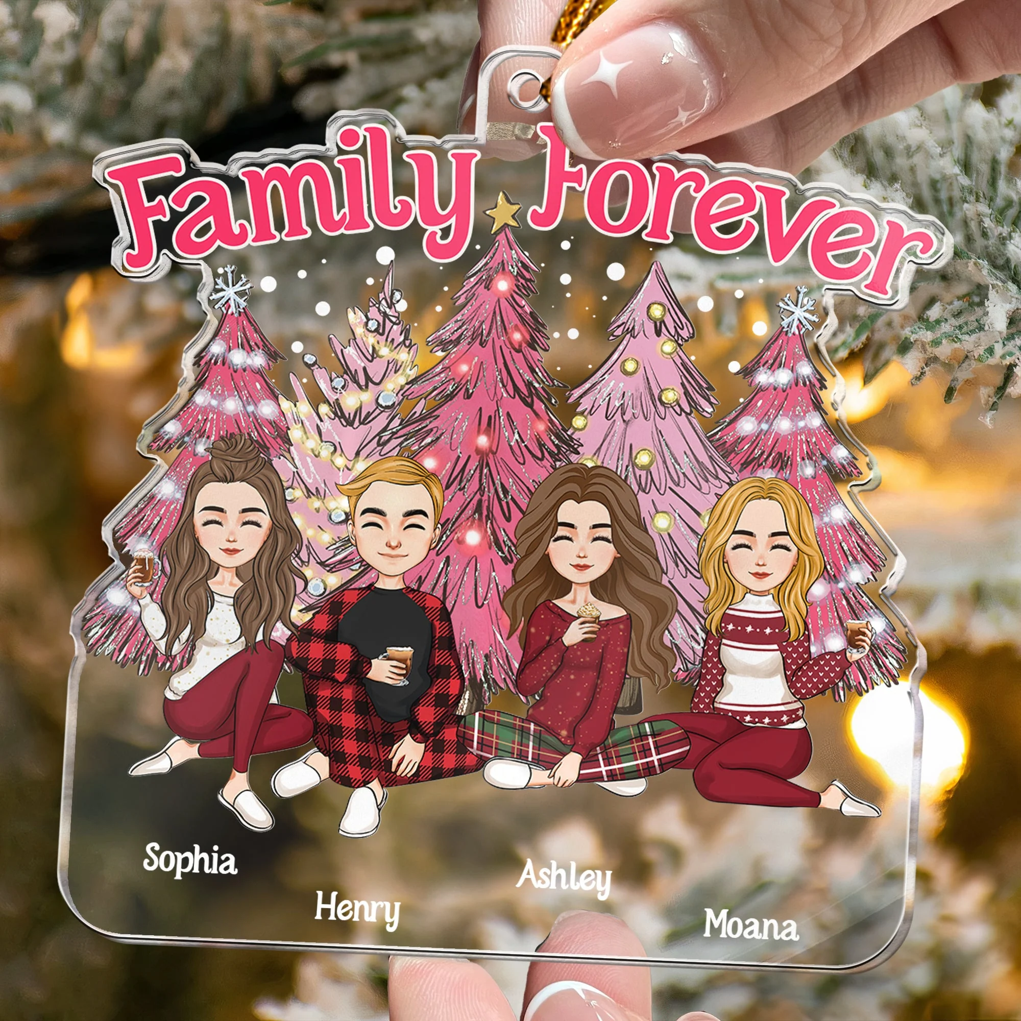Family Forever - Pink Christmas - Personalized Acrylic Ornament - Image 2