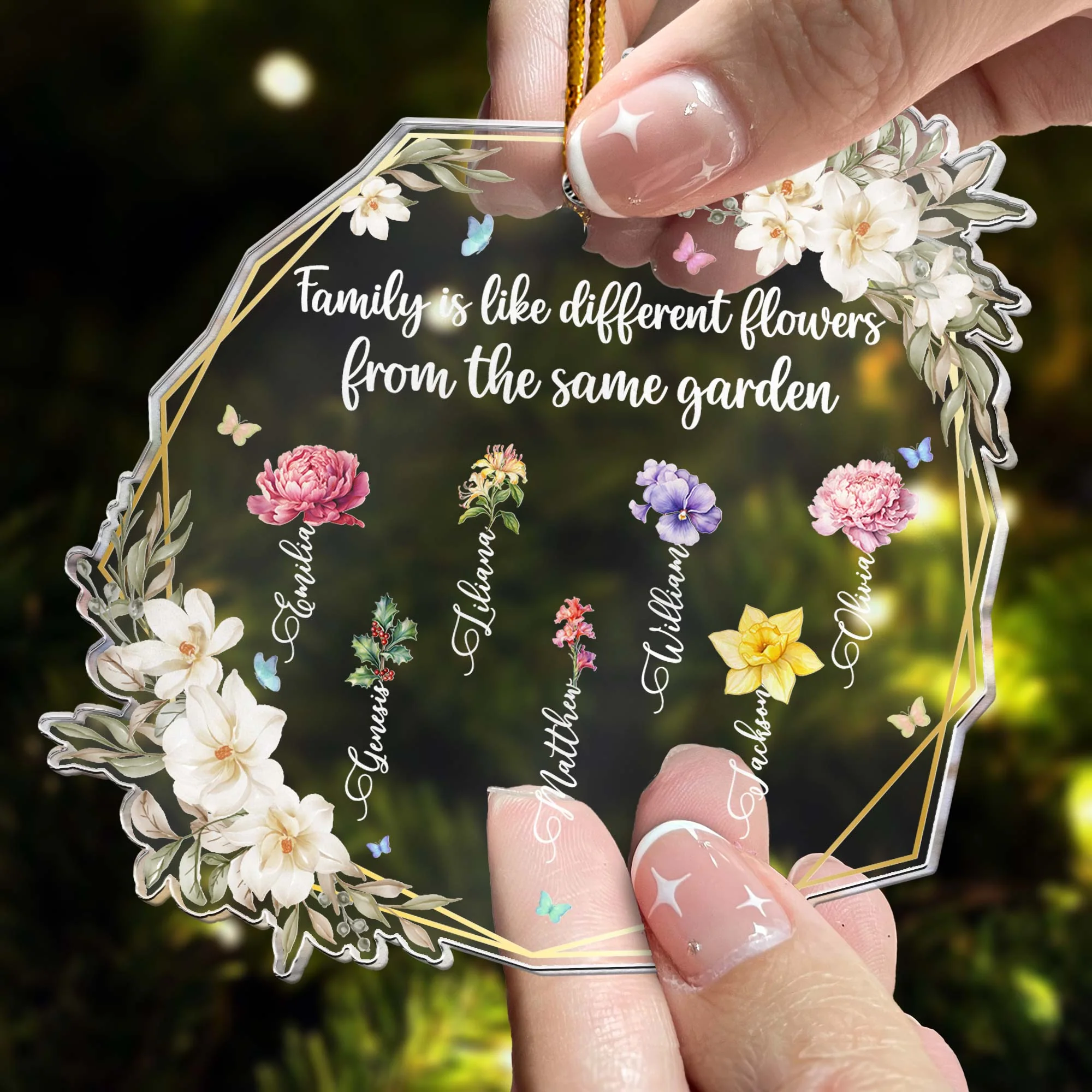 Family Is Like Different Flowers From The Same Garden - Personalized Acrylic Ornament - Image 2