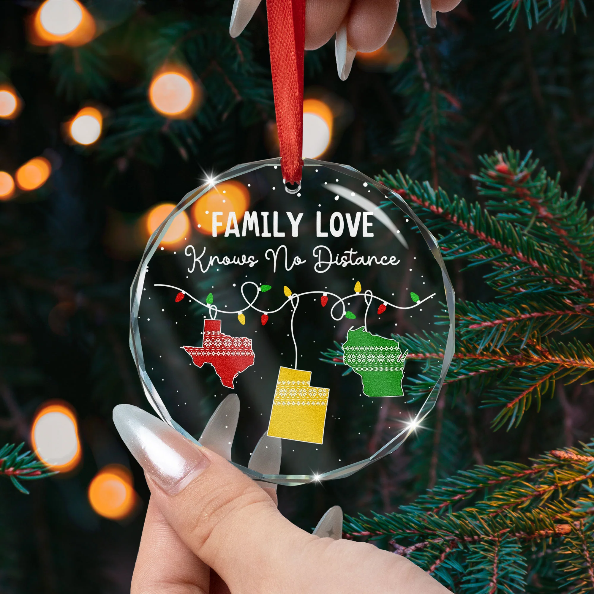 Family Love Knows No Distance - Personalized Glass Ornament - Image 2
