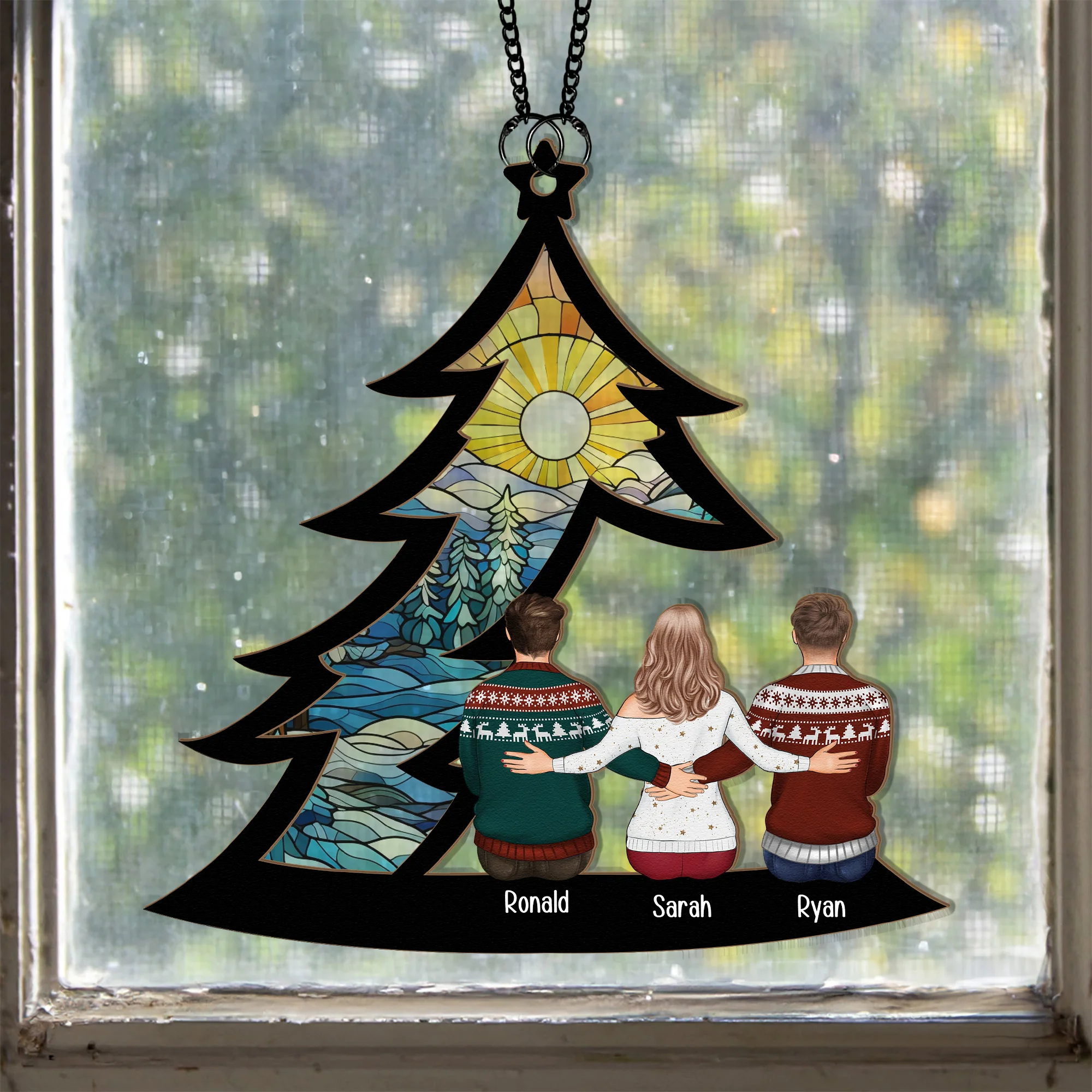 Family, Siblings Sitting Under Christmas Tree - Personalized Window Hanging Suncatcher Ornament - Image 3