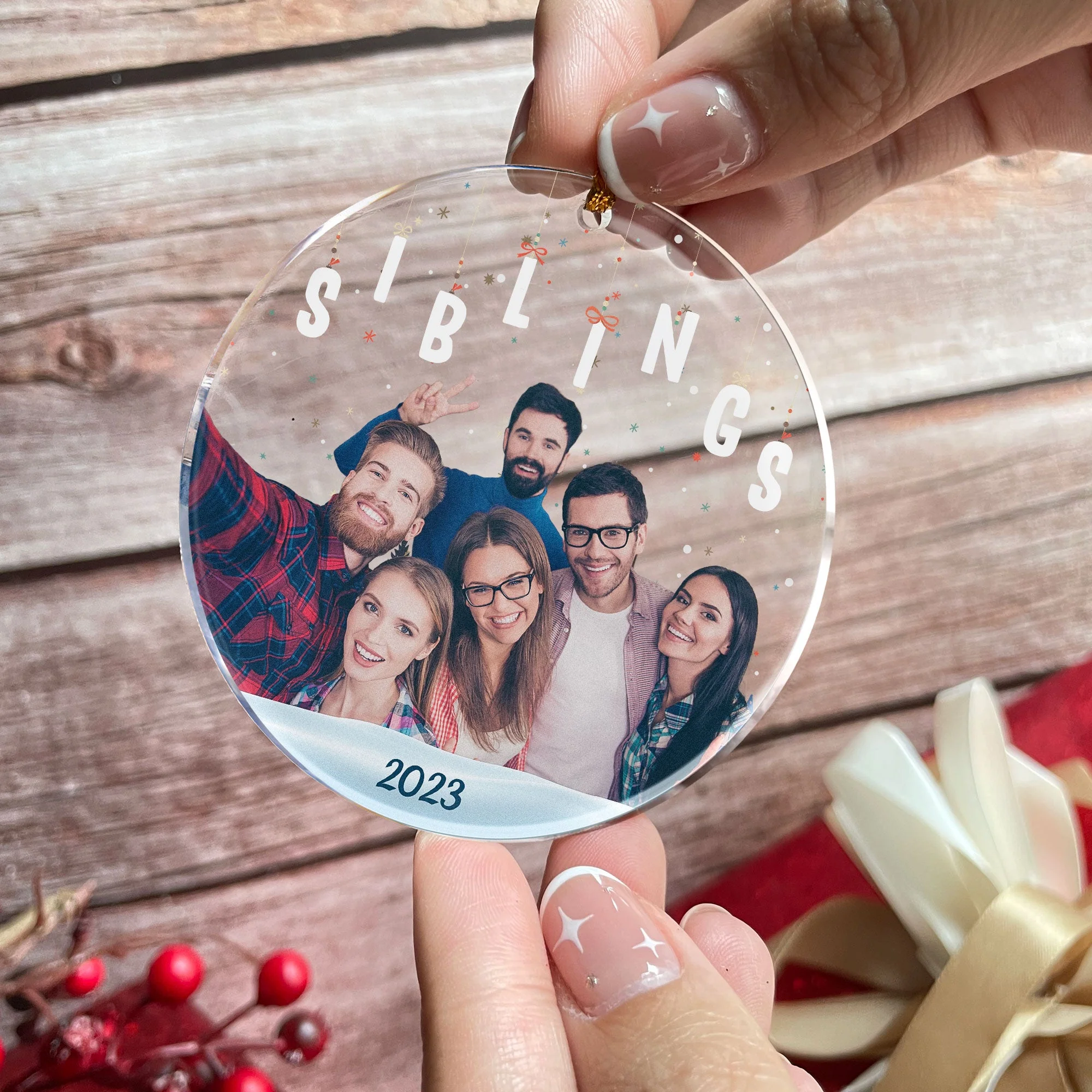 Family Sisters Brothers Siblings - Personalized Acrylic Photo Ornament - Image 4