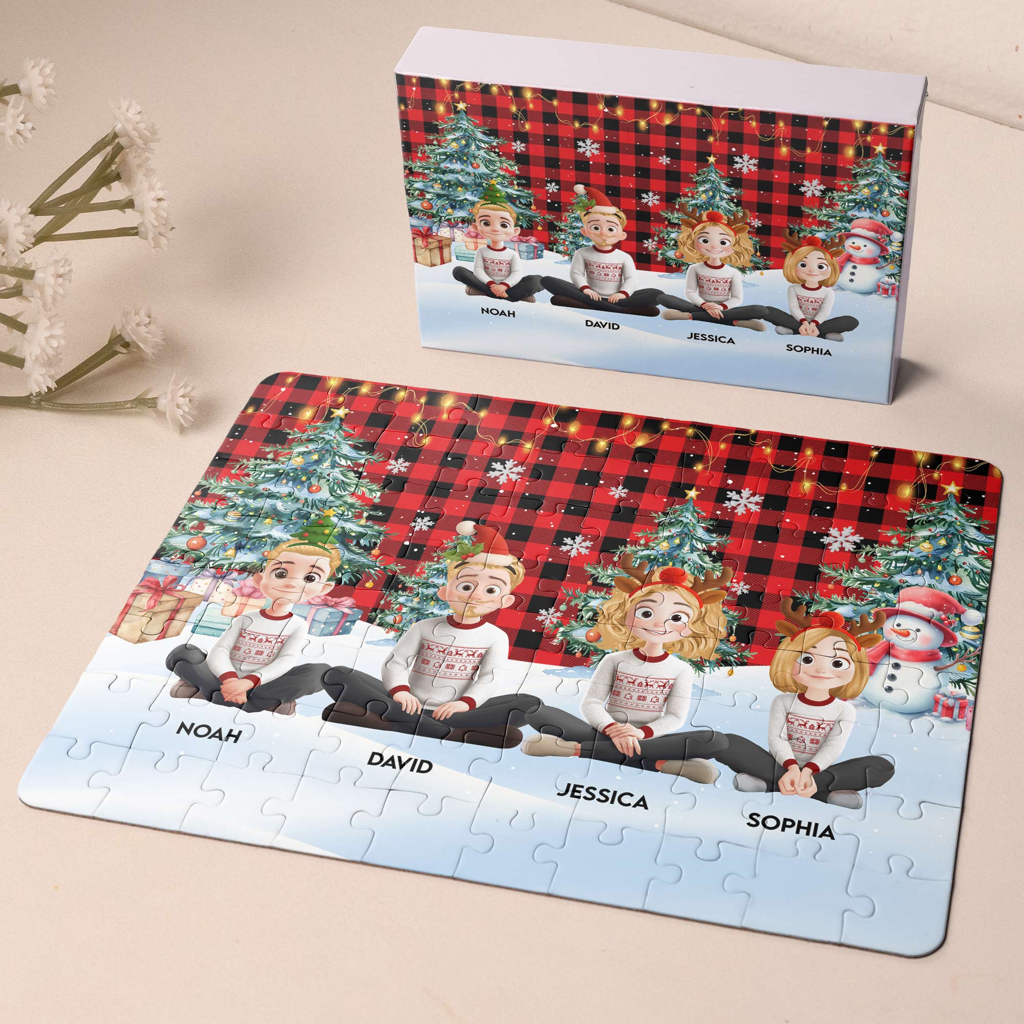 Family Sitting Festive Plant Buffalo Plaid - Personalized Jigsaw Puzzle - Image 4