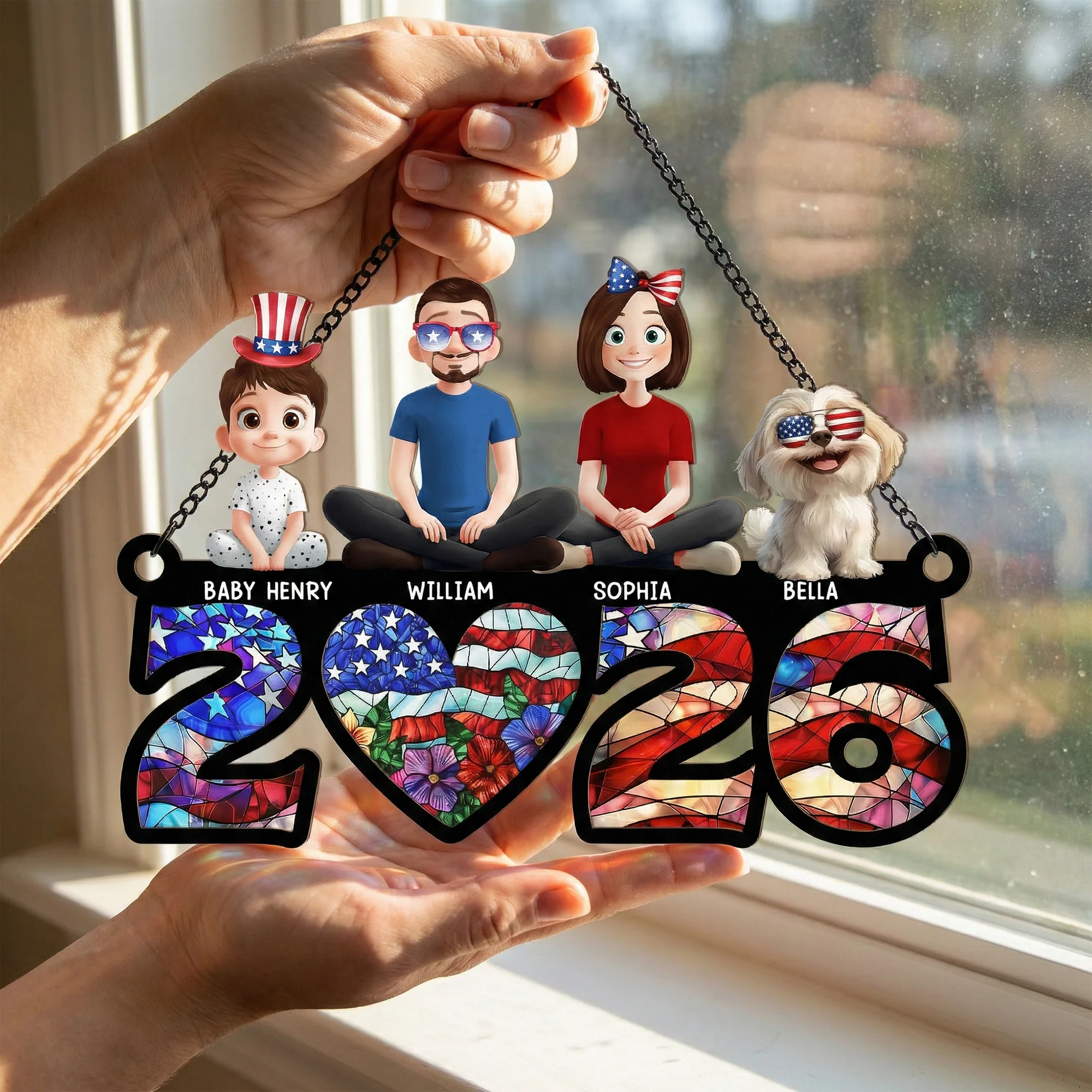 Family Sitting Happy Birthday USA - Personalized Window Hanging Suncatcher Ornament - Image 2