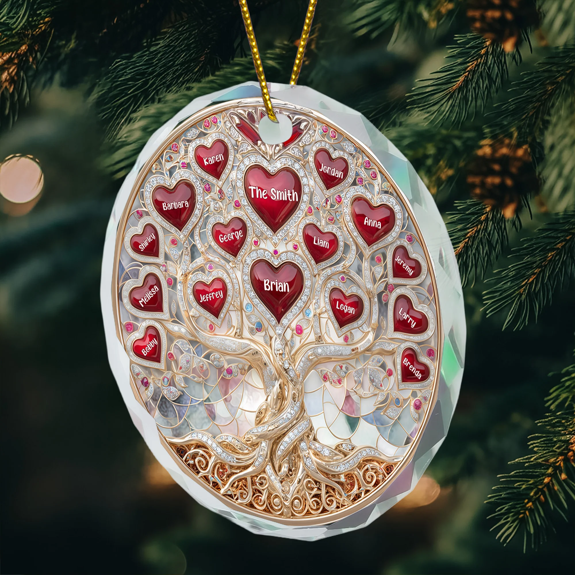 Family Tree Hearts & Names, Jewelry Style Printed - Personalized Glass Ornament - Image 2
