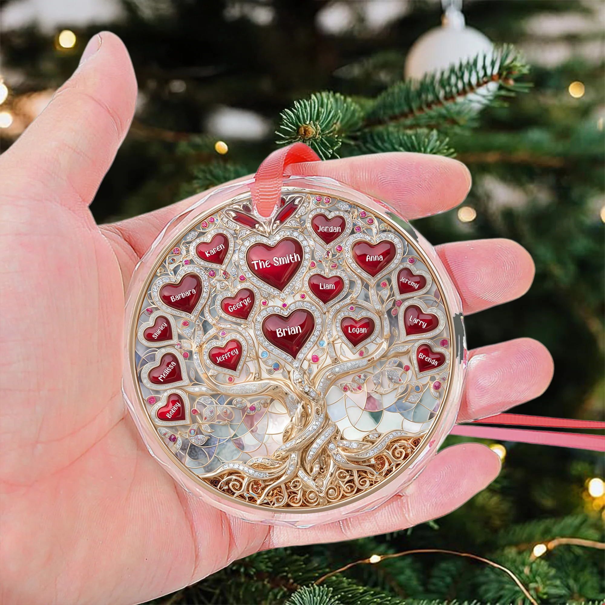 Family Tree Hearts & Names, Jewelry Style Printed - Personalized Glass Ornament - Image 3