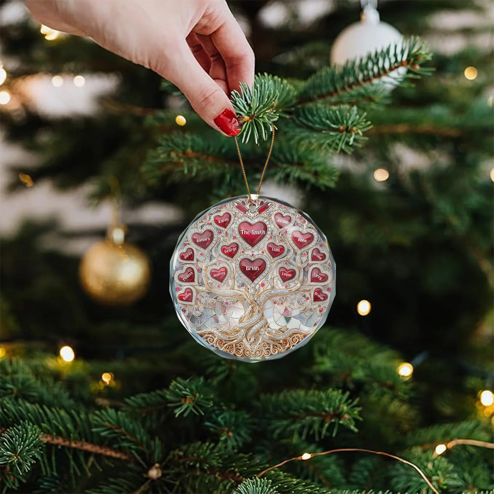 Family Tree Hearts & Names, Jewelry Style Printed - Personalized Glass Ornament - Image 4