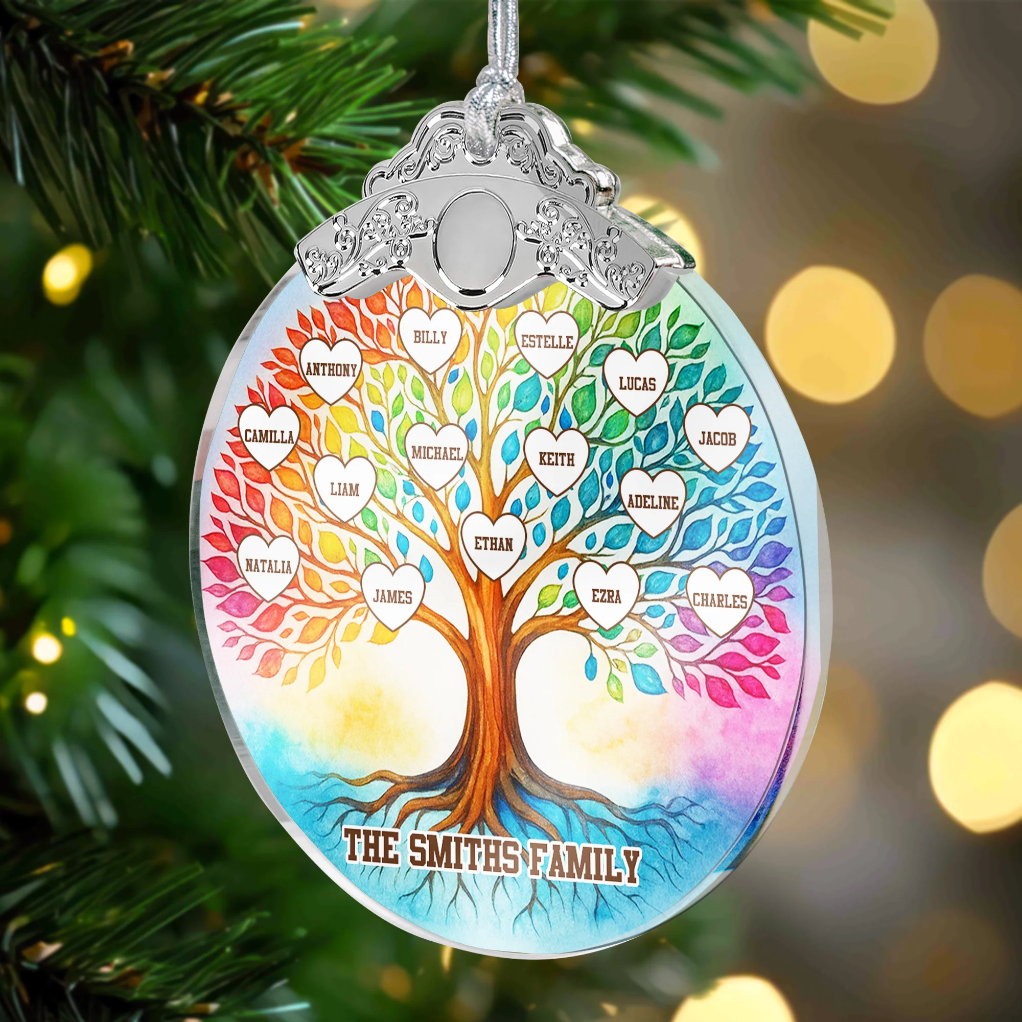 Family Tree Of Life Custom With Names - Personalized Glass Ornament With Silver Cap - Image 3