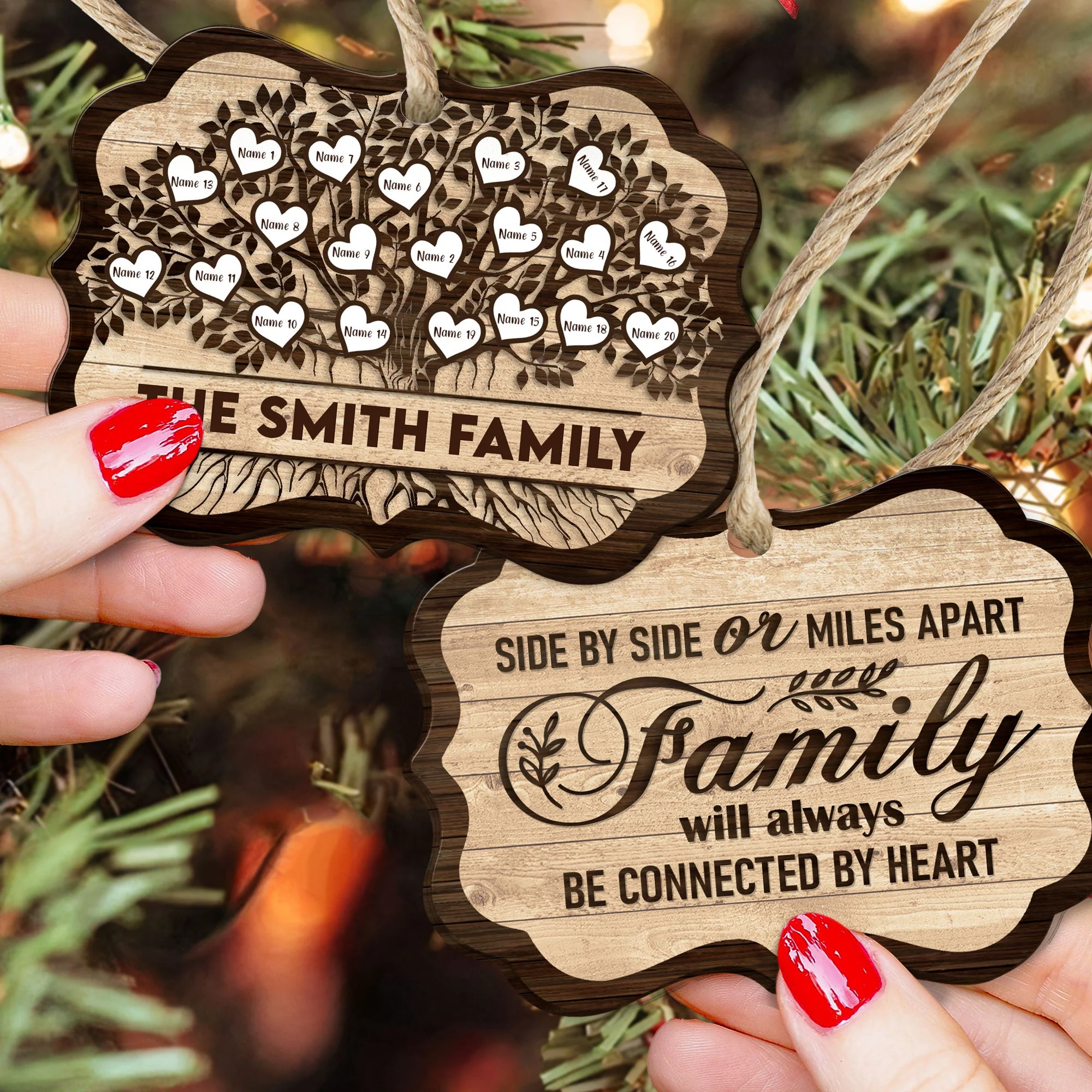 Family Will Always Be Connected By Heart - Personalized Two-Sided Wooden Ornament - Christmas Gift For Fathers, Mothers, Daughters & Sons - Image 4